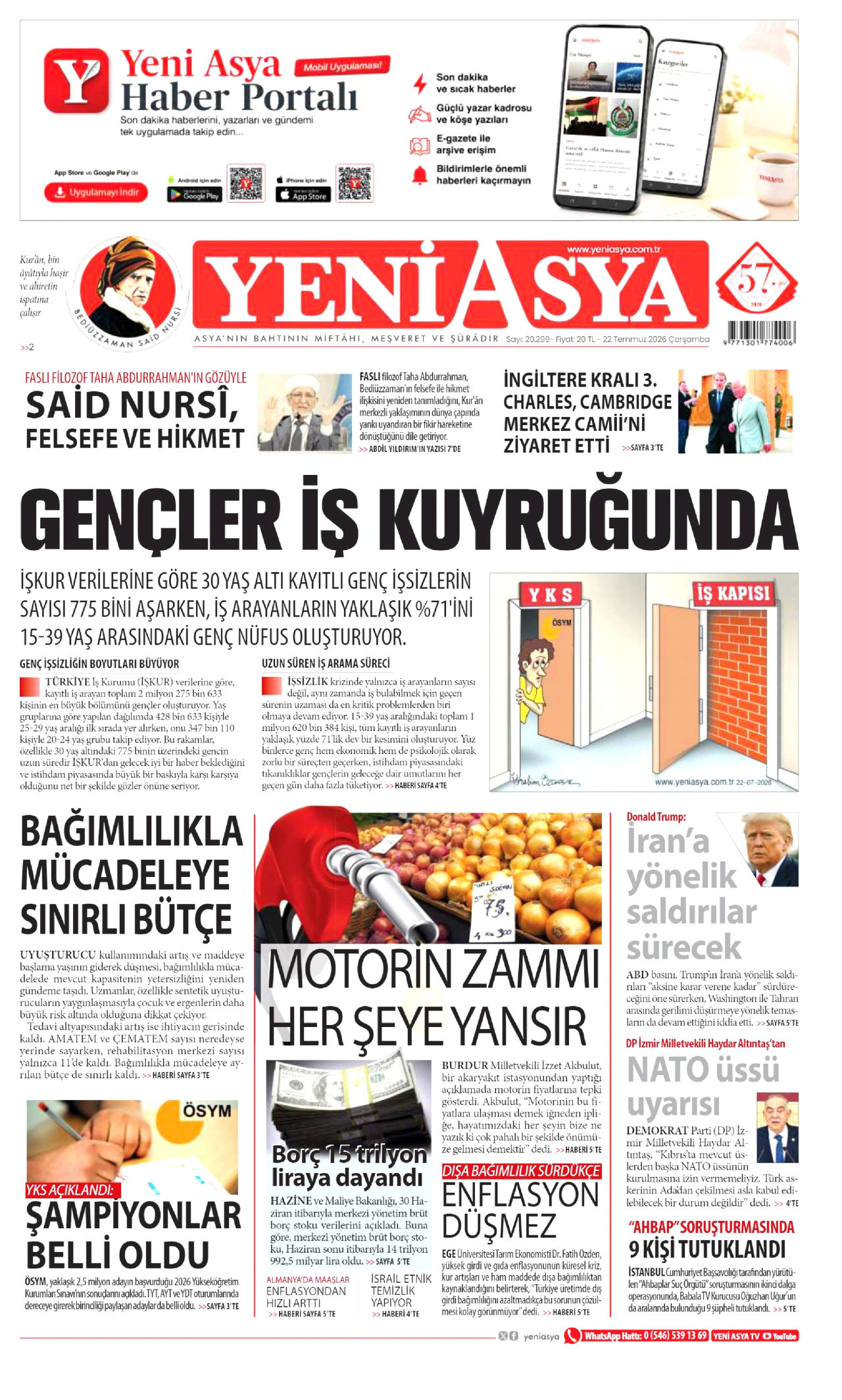 YENİ ASYA gazetesinin 22 Temmuz 2026 tarihli birinci sayfası