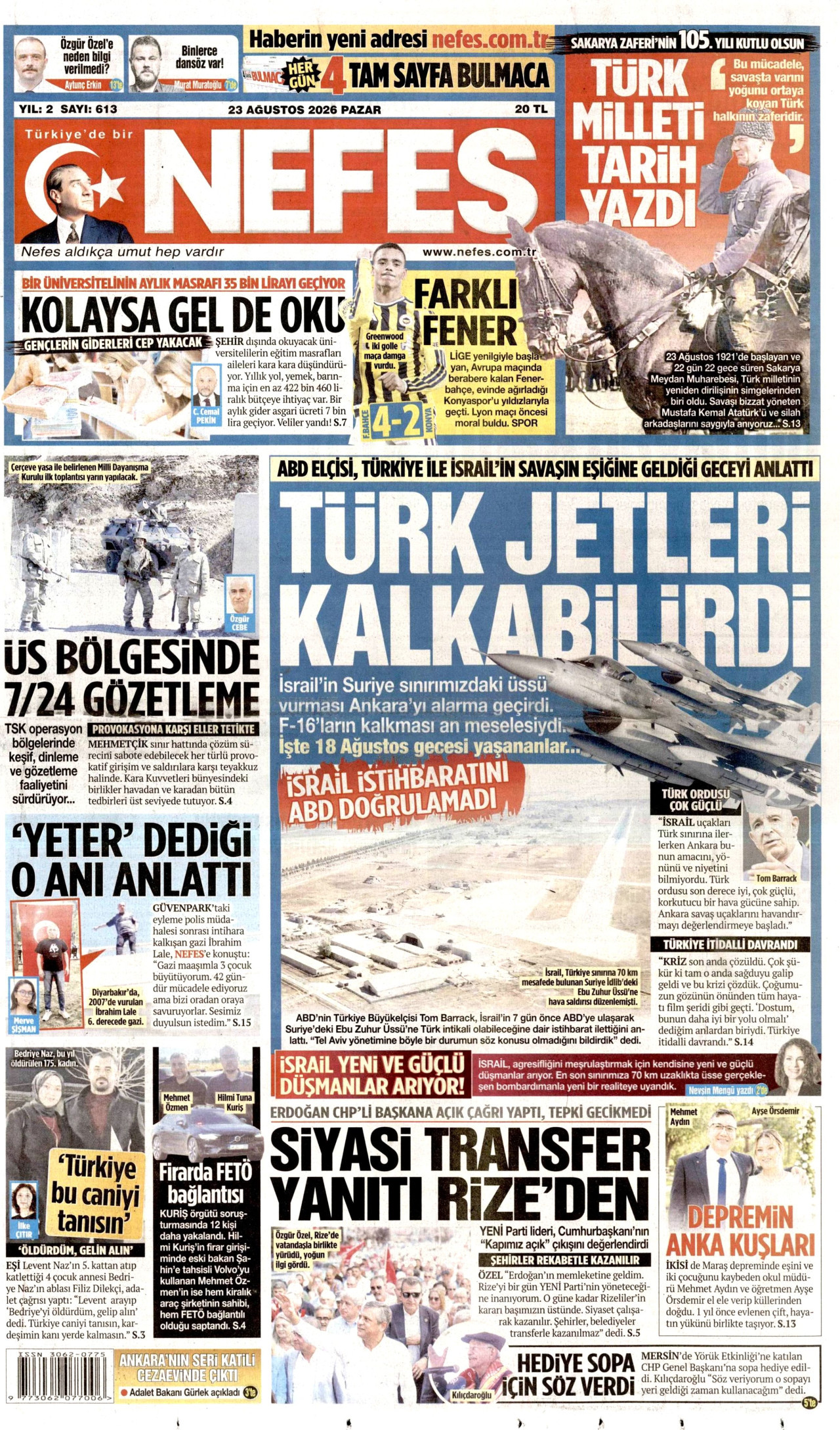 NEFES 23 Ağustos 2026 Gazete Manşeti Büyük