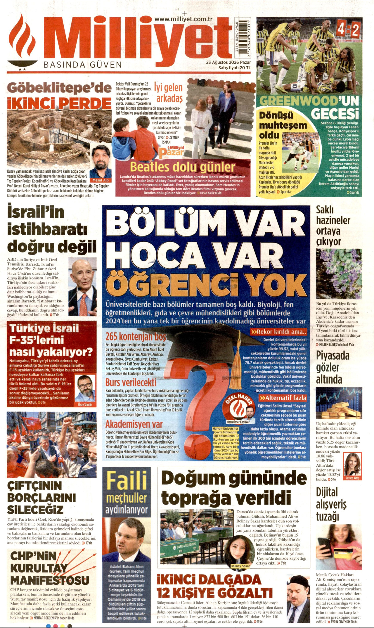 MİLLİYET 23 Ağustos 2026 Gazete Manşeti Büyük