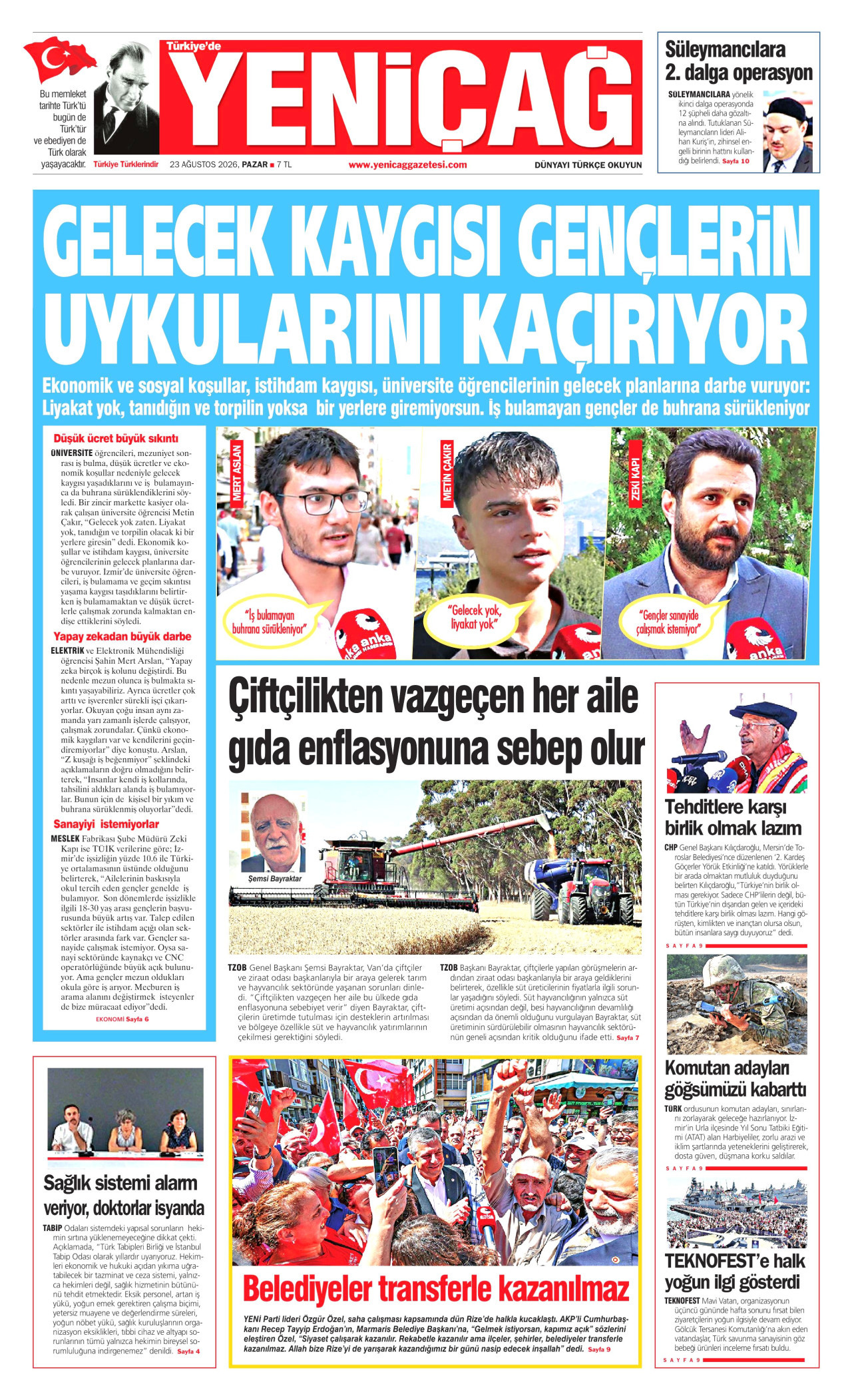 YENİÇAĞ 23 Ağustos 2026 Gazete Manşeti Büyük
