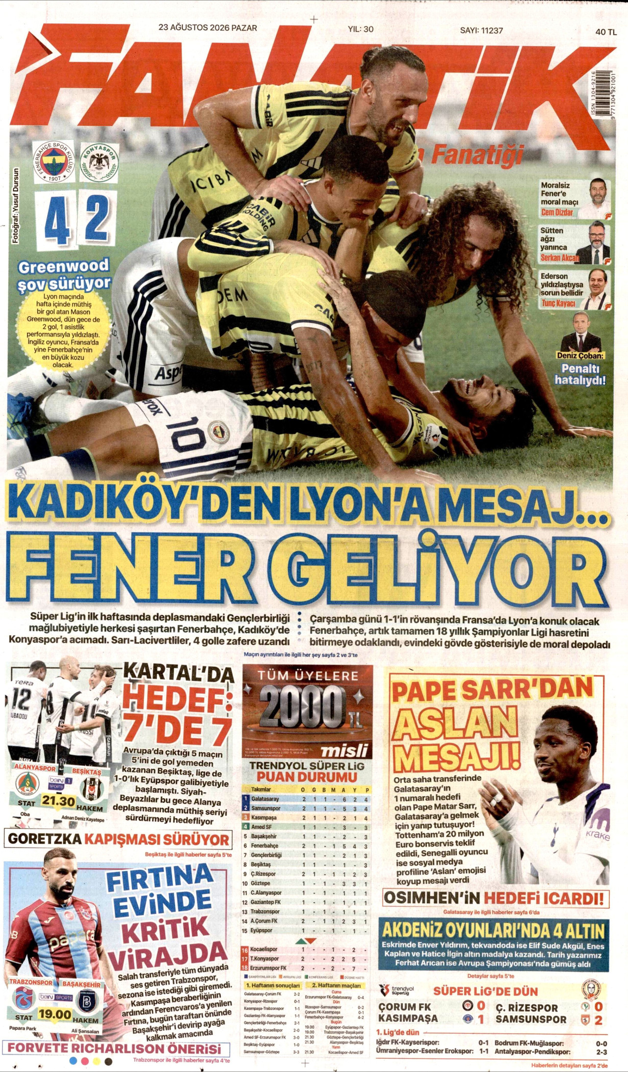 FANATİK 23 Ağustos 2026 Gazete Manşeti Büyük