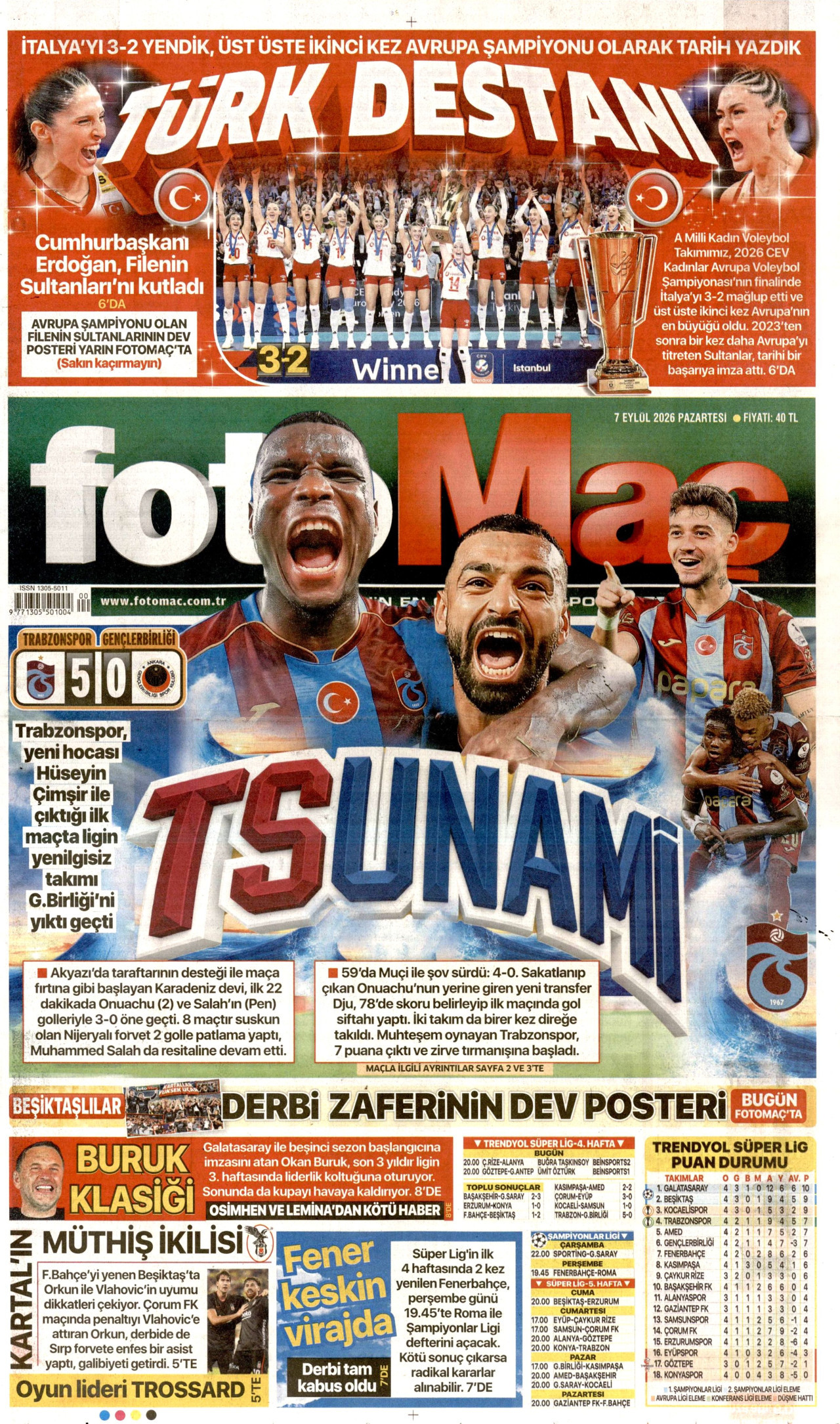 FOTOMAÇ gazetesinin 7 Eylül 2026 tarihli birinci sayfası