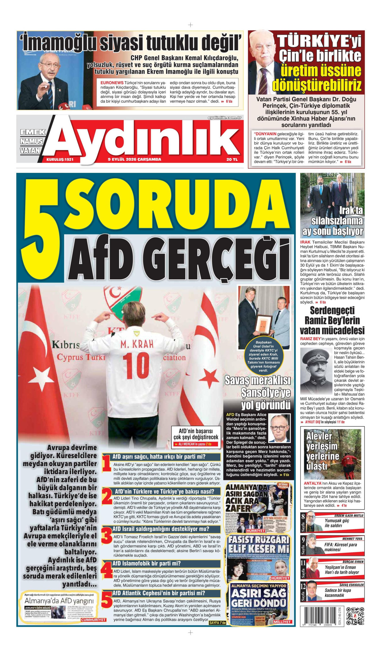 AYDINLIK GAZETESİ gazetesinin 9 Eylül 2026 tarihli birinci sayfası