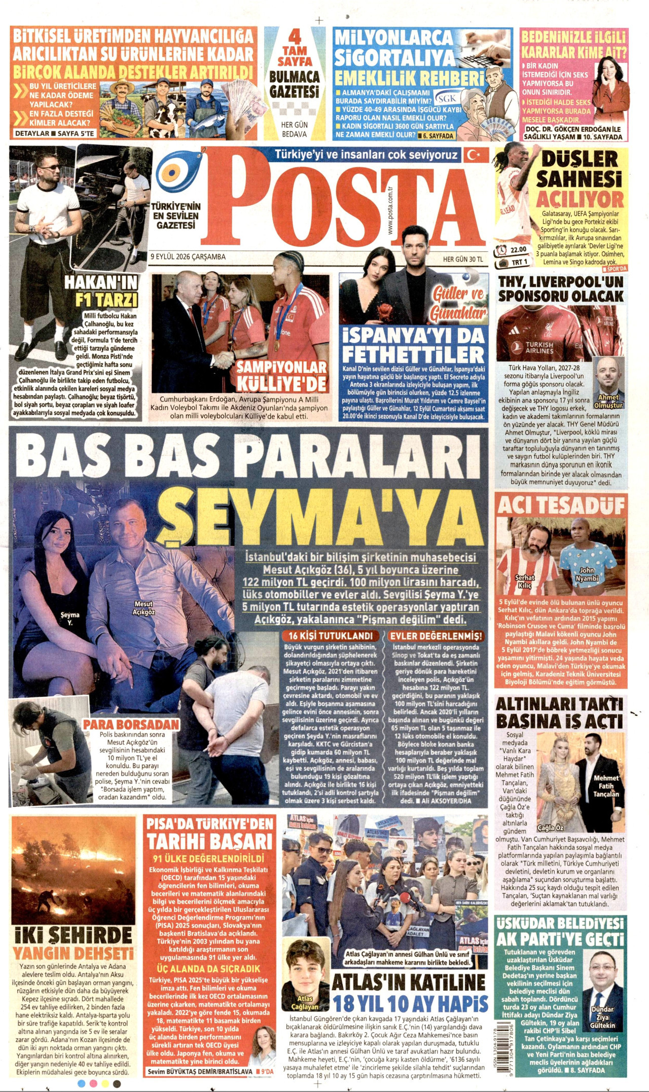 POSTA gazetesinin 9 Eylül 2026 tarihli birinci sayfası