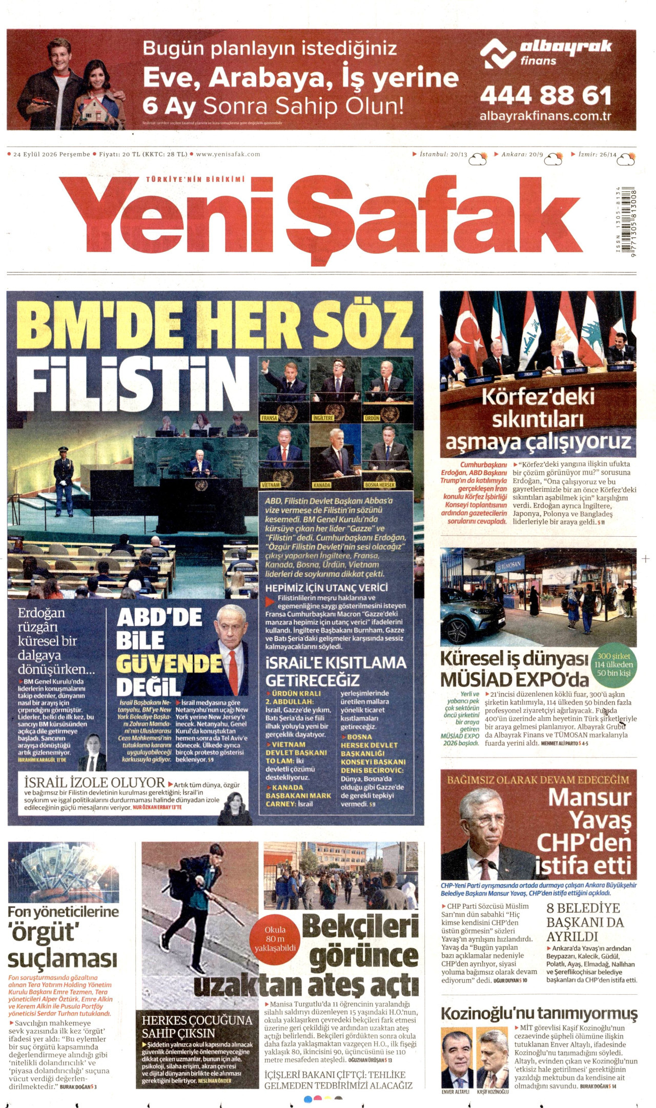 YENİ ŞAFAK gazetesinin 24 Eylül 2026 tarihli birinci sayfası