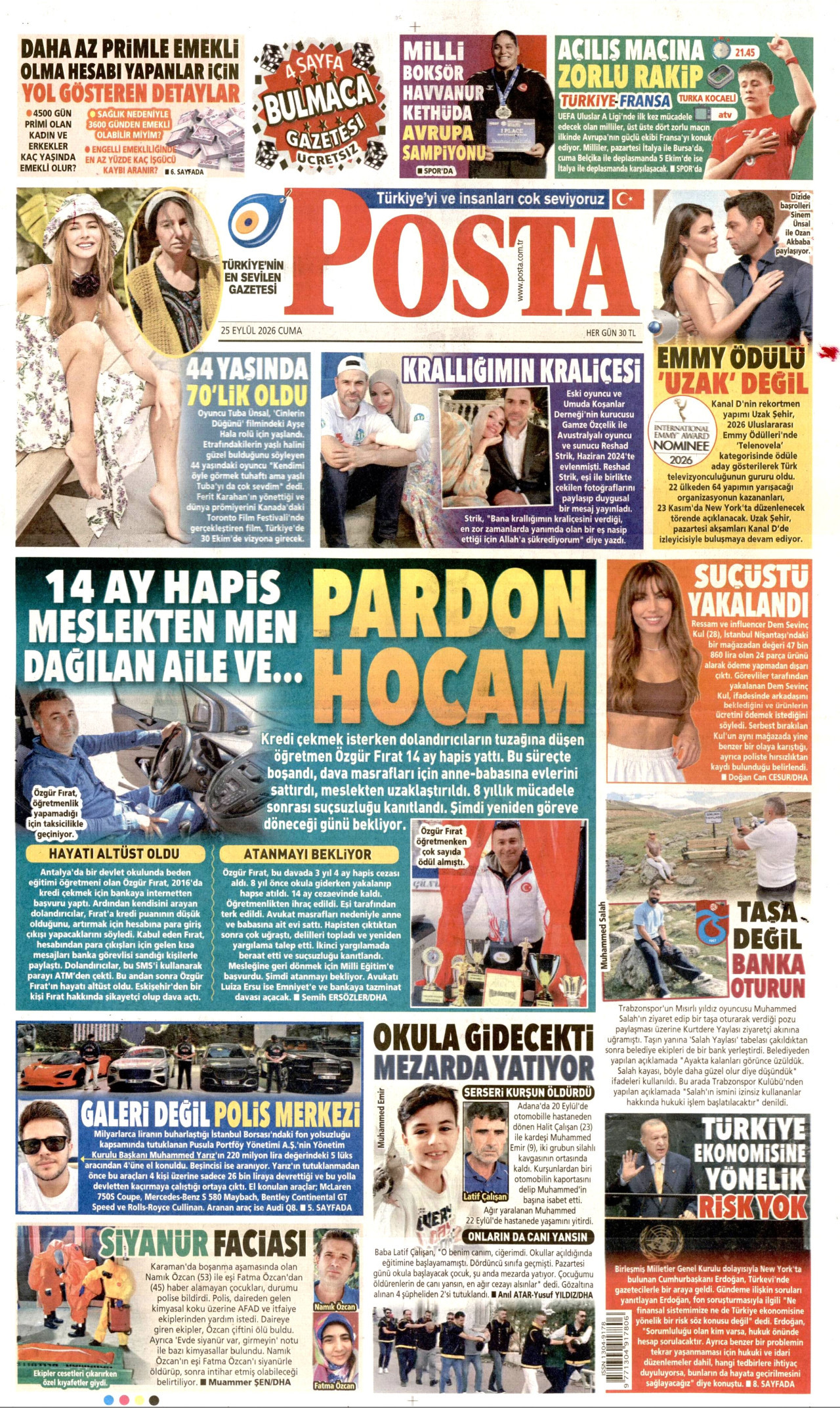 POSTA gazetesinin 25 Eylül 2026 tarihli birinci sayfası