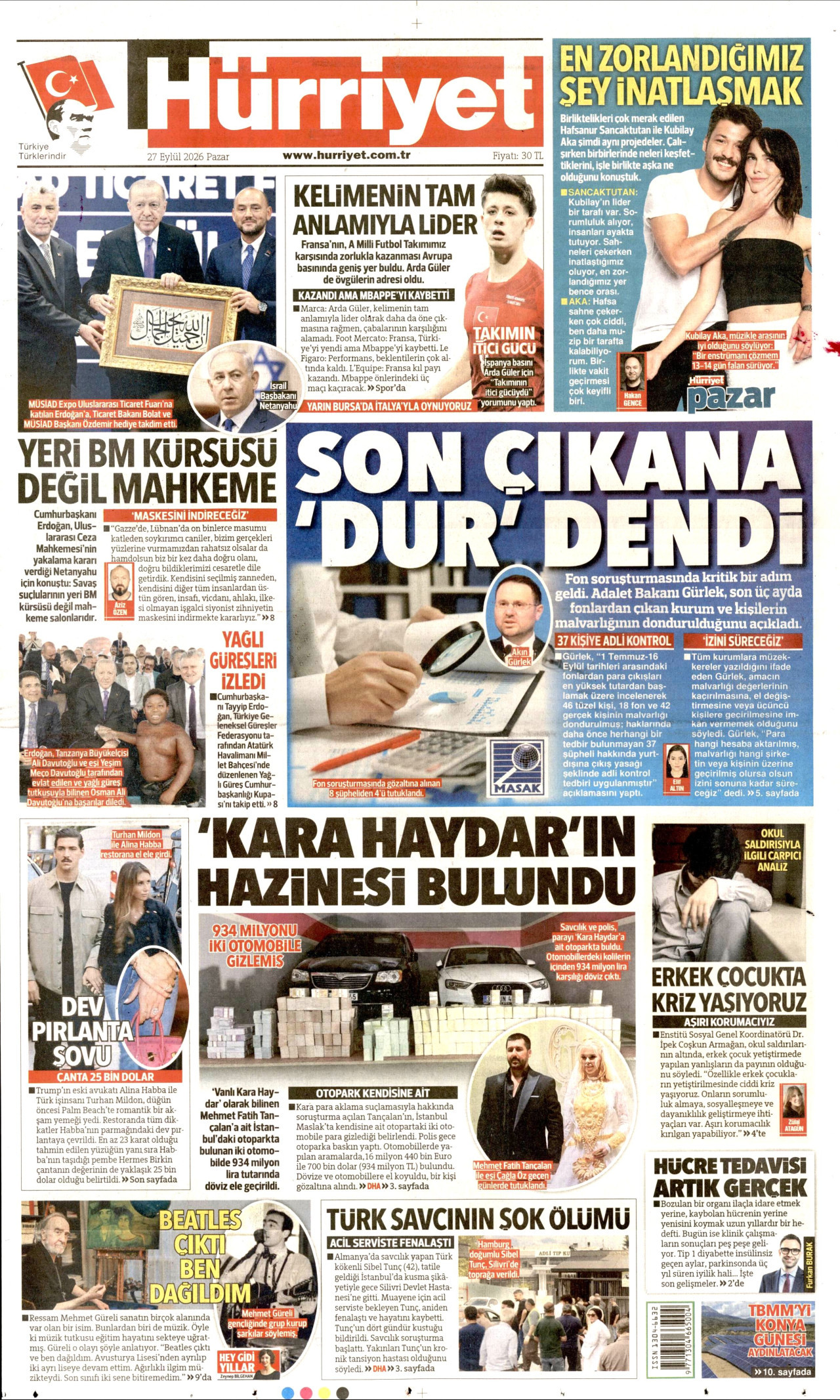 HÜRRİYET gazetesinin 27 Eylül 2026 tarihli birinci sayfası
