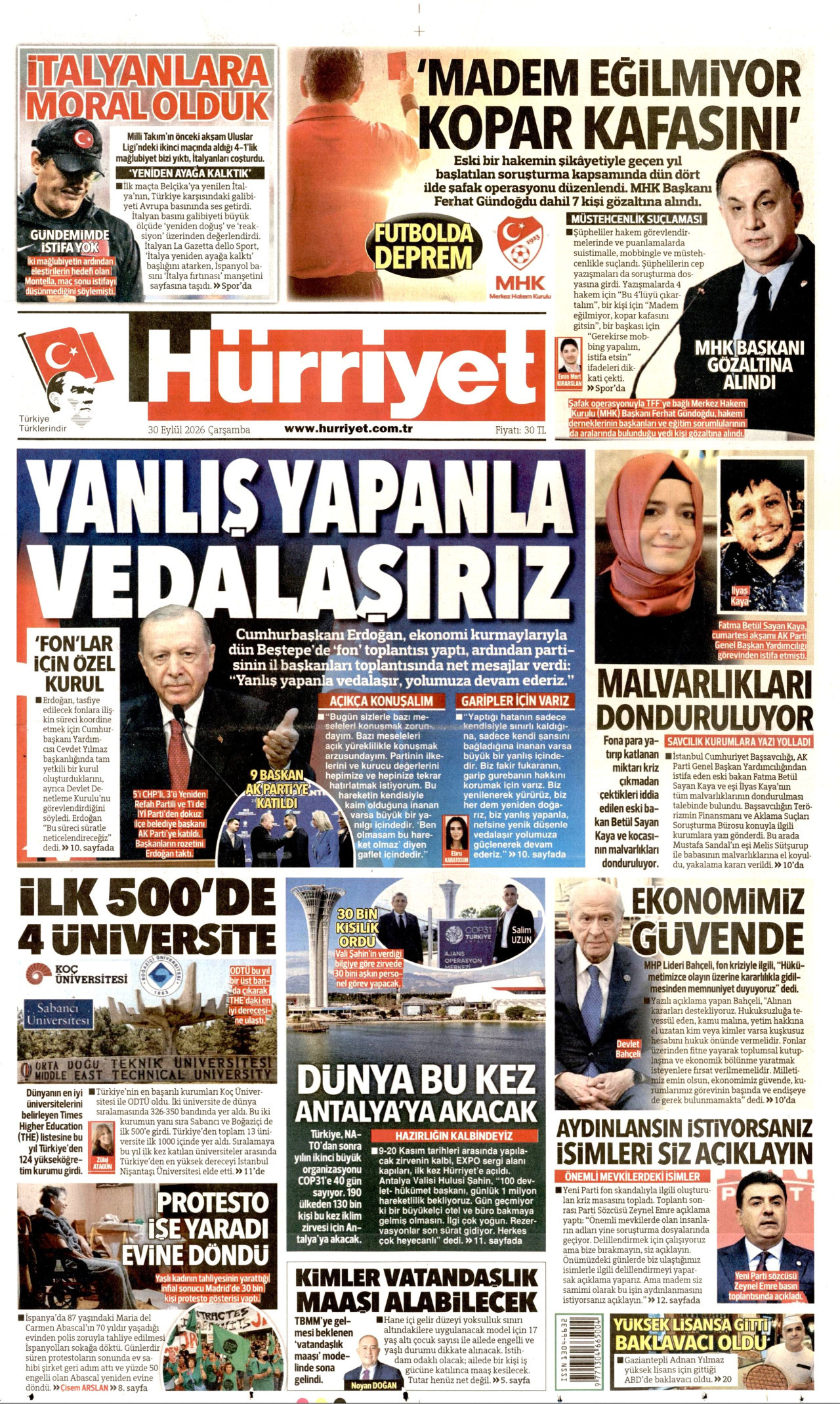 HÜRRİYET gazetesinin 30 Eylül 2026 tarihli birinci sayfası