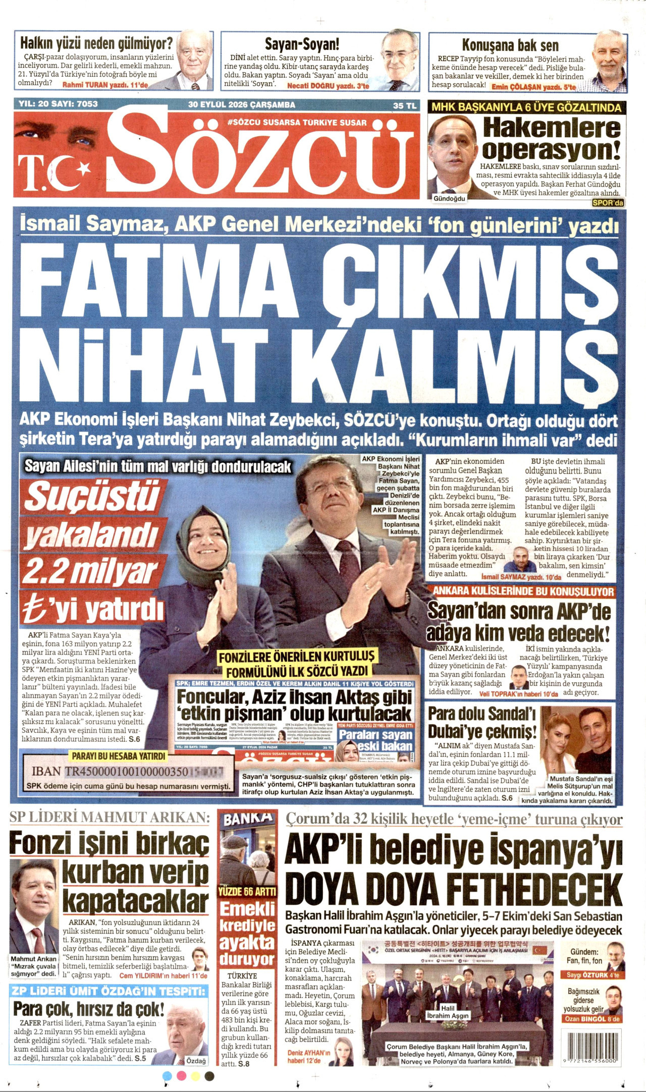 SÖZCÜ gazetesinin 30 Eylül 2026 tarihli birinci sayfası