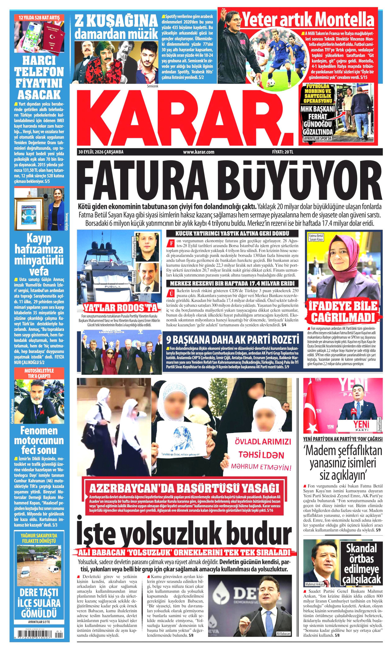 KARAR gazetesinin 30 Eylül 2026 tarihli birinci sayfası