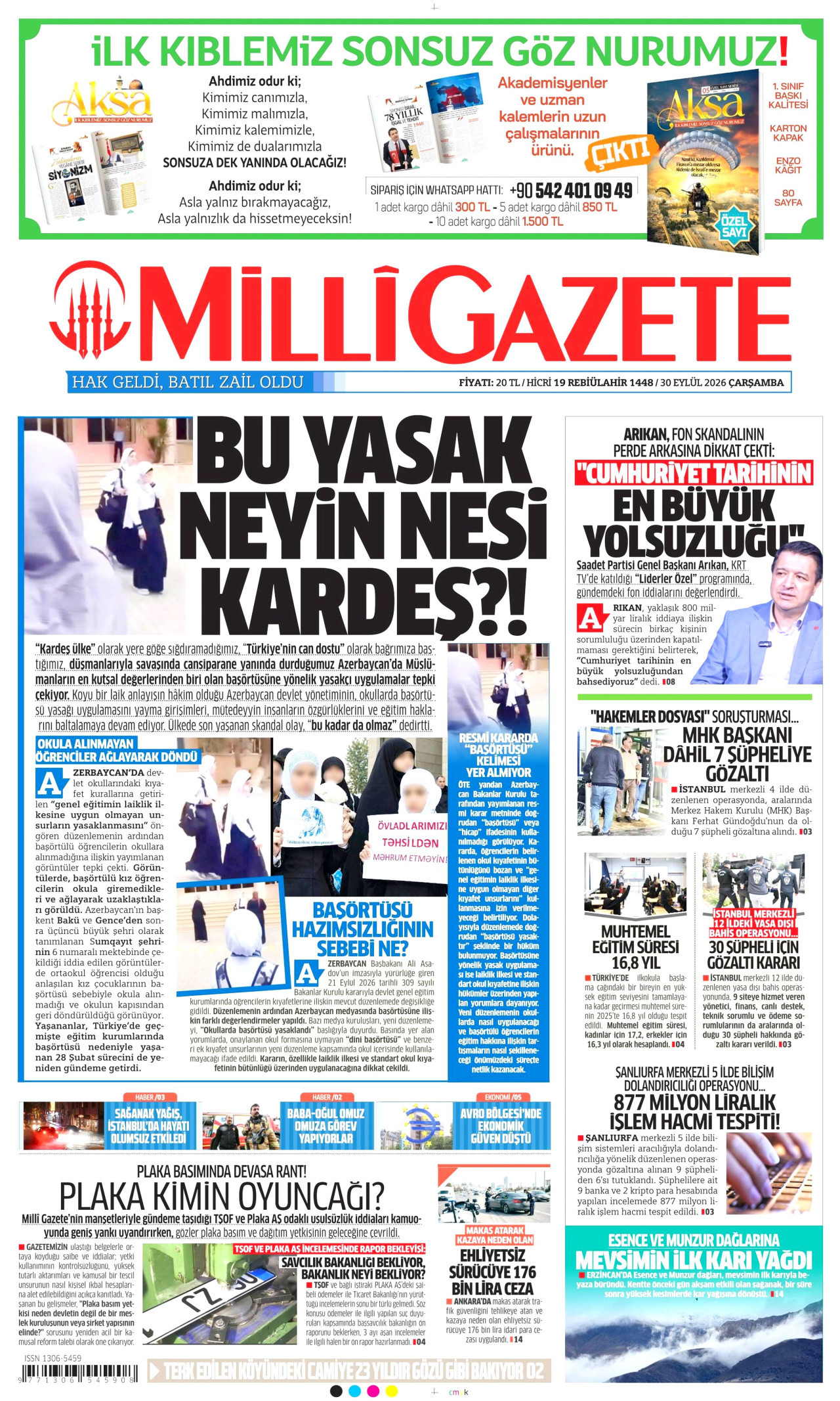 MİLLİ GAZETE gazetesinin 30 Eylül 2026 tarihli birinci sayfası
