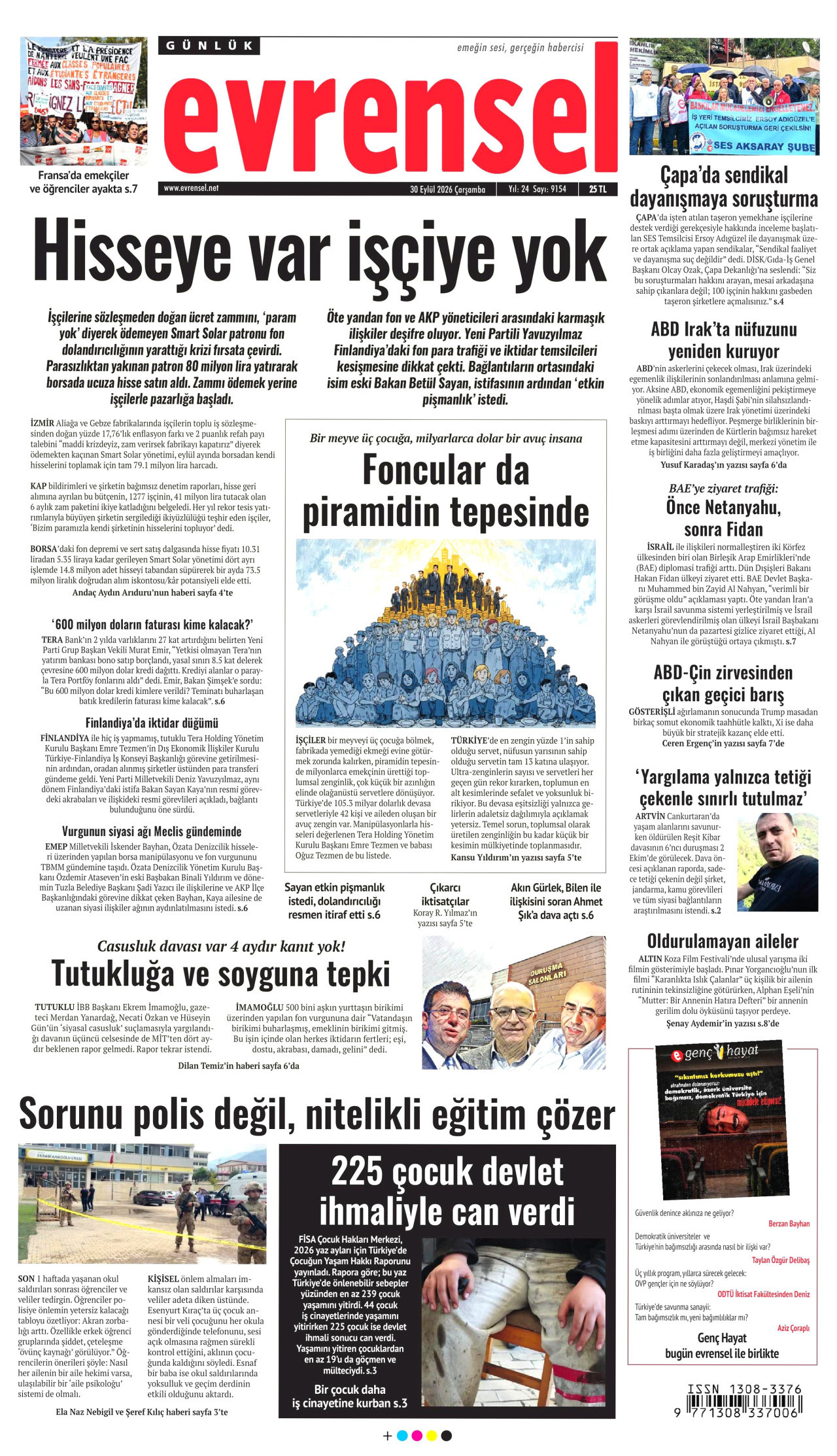 EVRENSEL gazetesinin 30 Eylül 2026 tarihli birinci sayfası