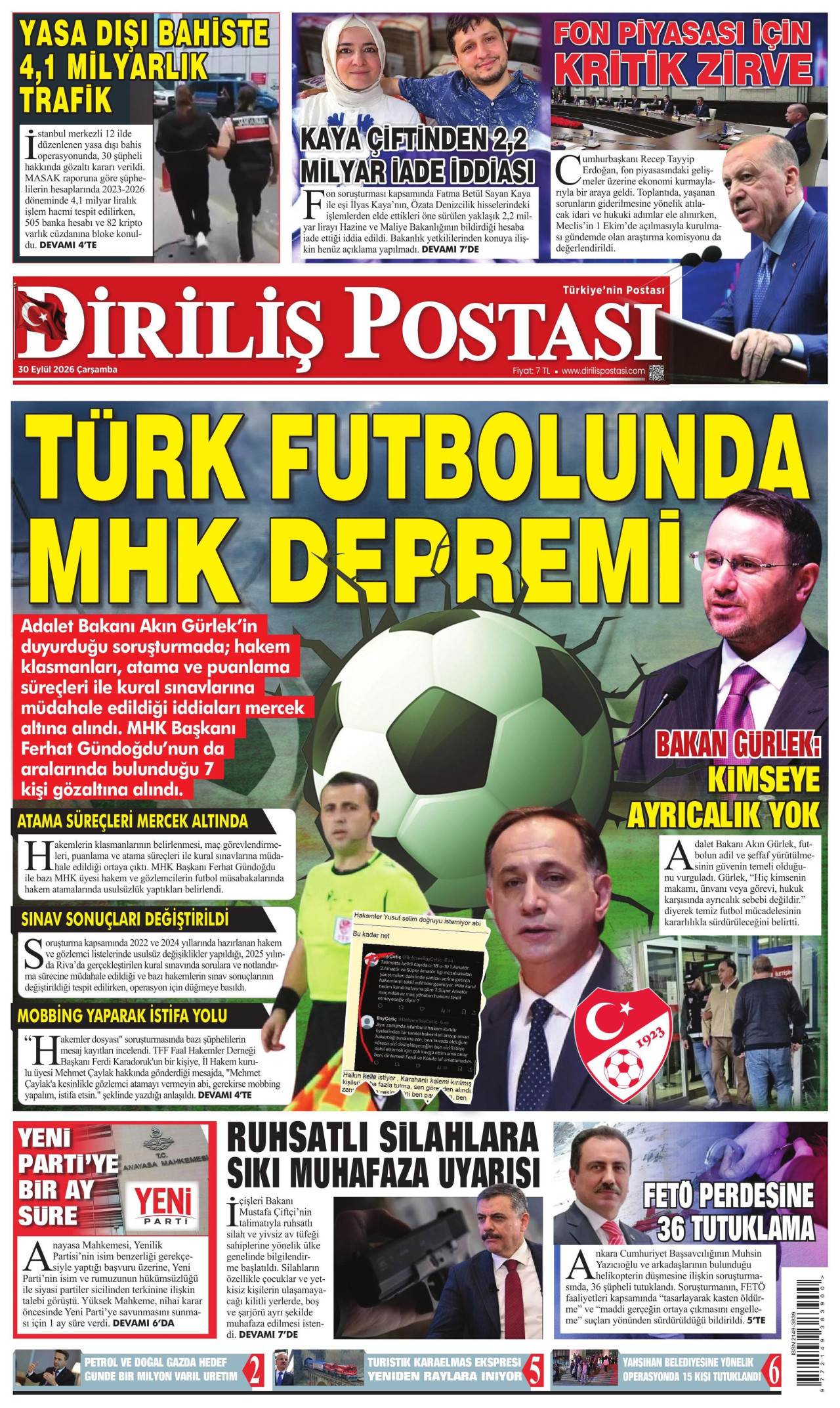DİRİLİŞ POSTASI gazetesinin 30 Eylül 2026 tarihli birinci sayfası