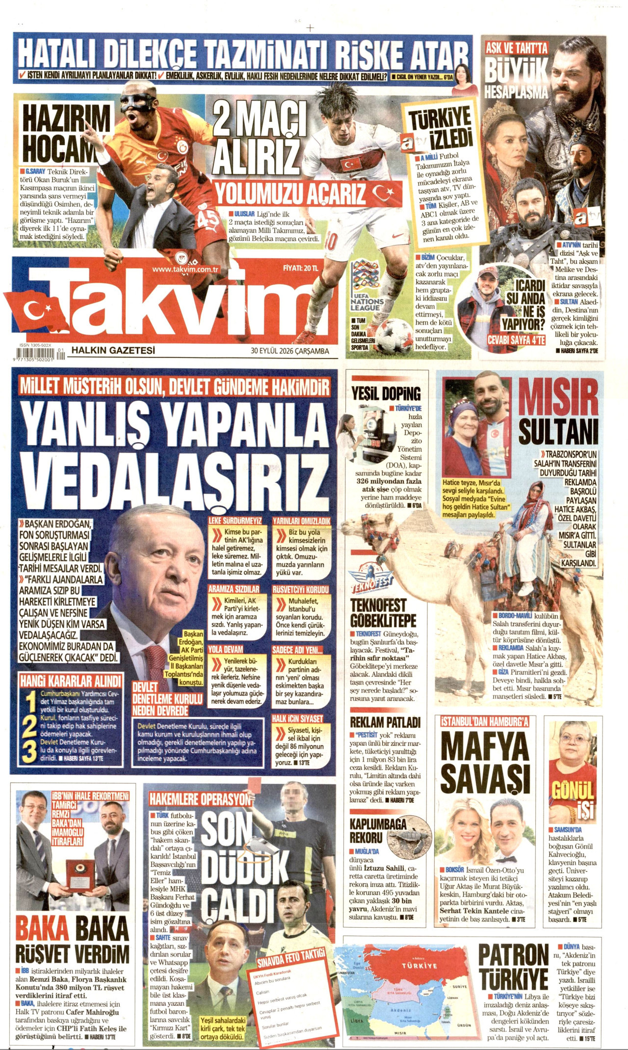 TAKVİM gazetesinin 30 Eylül 2026 tarihli birinci sayfası