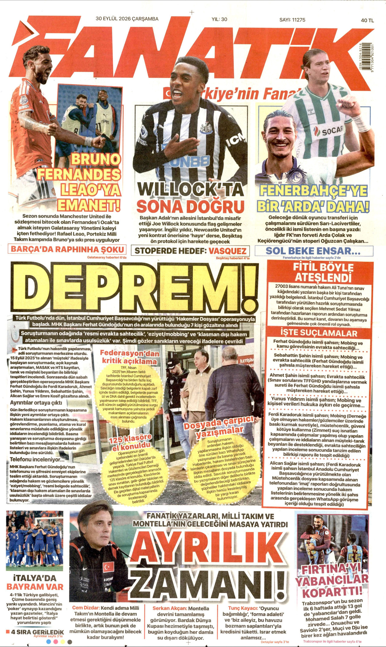 FANATİK gazetesinin 30 Eylül 2026 tarihli birinci sayfası