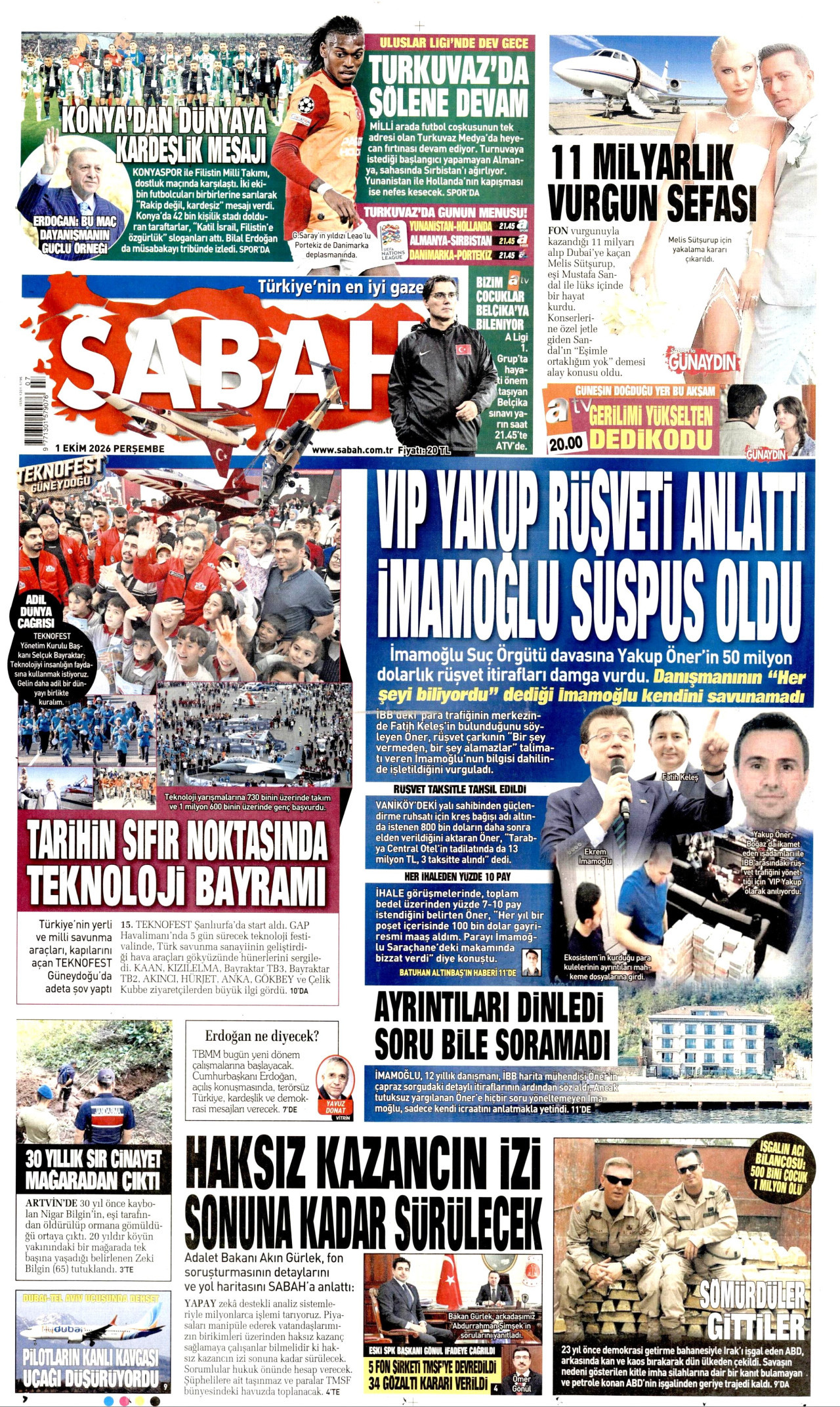 SABAH gazetesinin 1 Ekim 2026 tarihli birinci sayfası