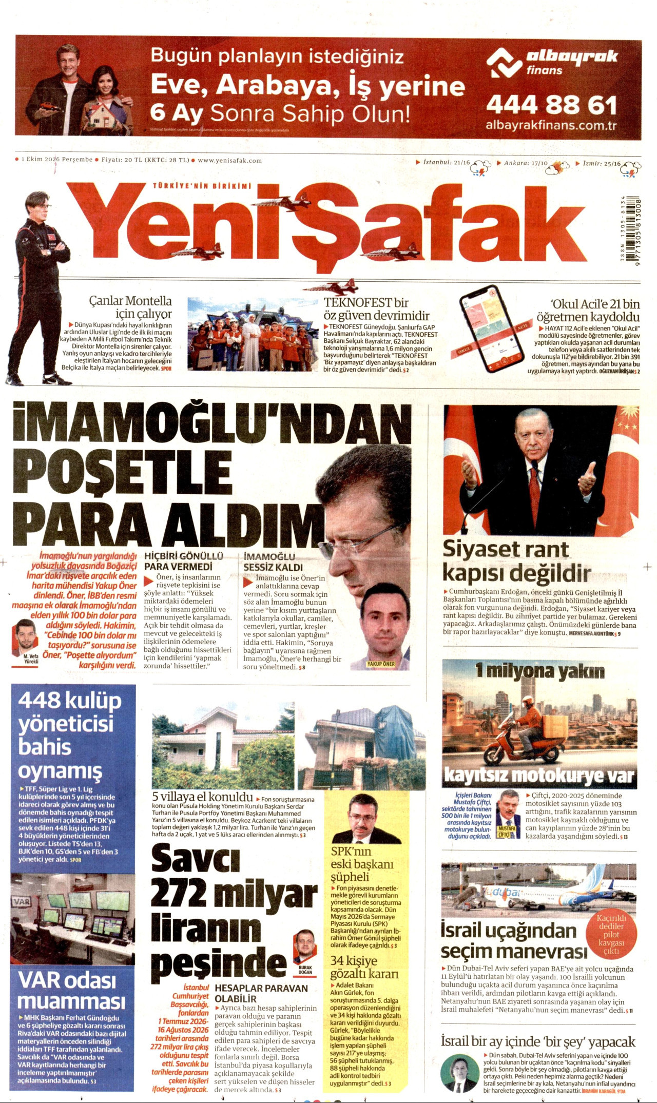 YENİ ŞAFAK gazetesinin 1 Ekim 2026 tarihli birinci sayfası