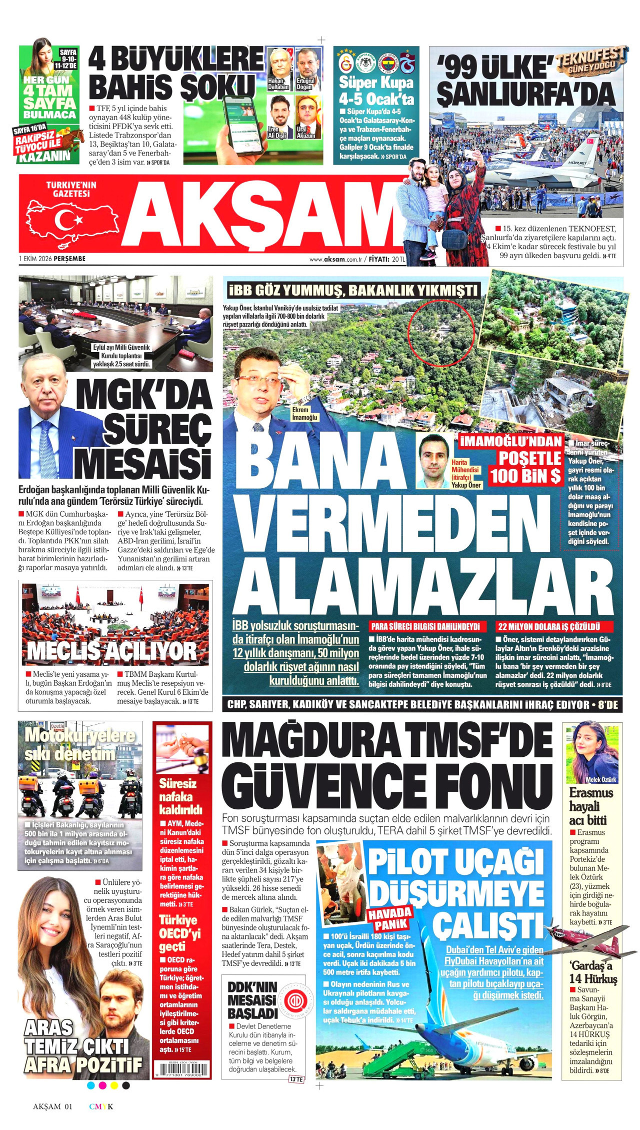 AKŞAM gazetesinin 1 Ekim 2026 tarihli birinci sayfası