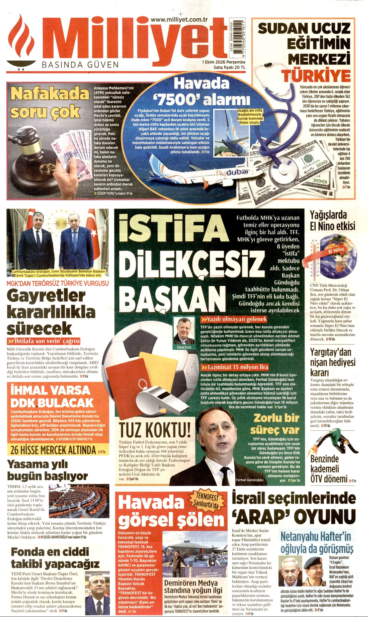 MİLLİYET gazetesinin 1 Ekim 2026 tarihli birinci sayfası
