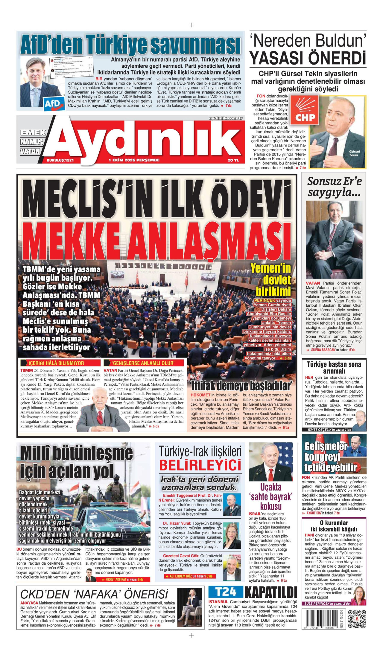 AYDINLIK GAZETESİ gazetesinin 1 Ekim 2026 tarihli birinci sayfası