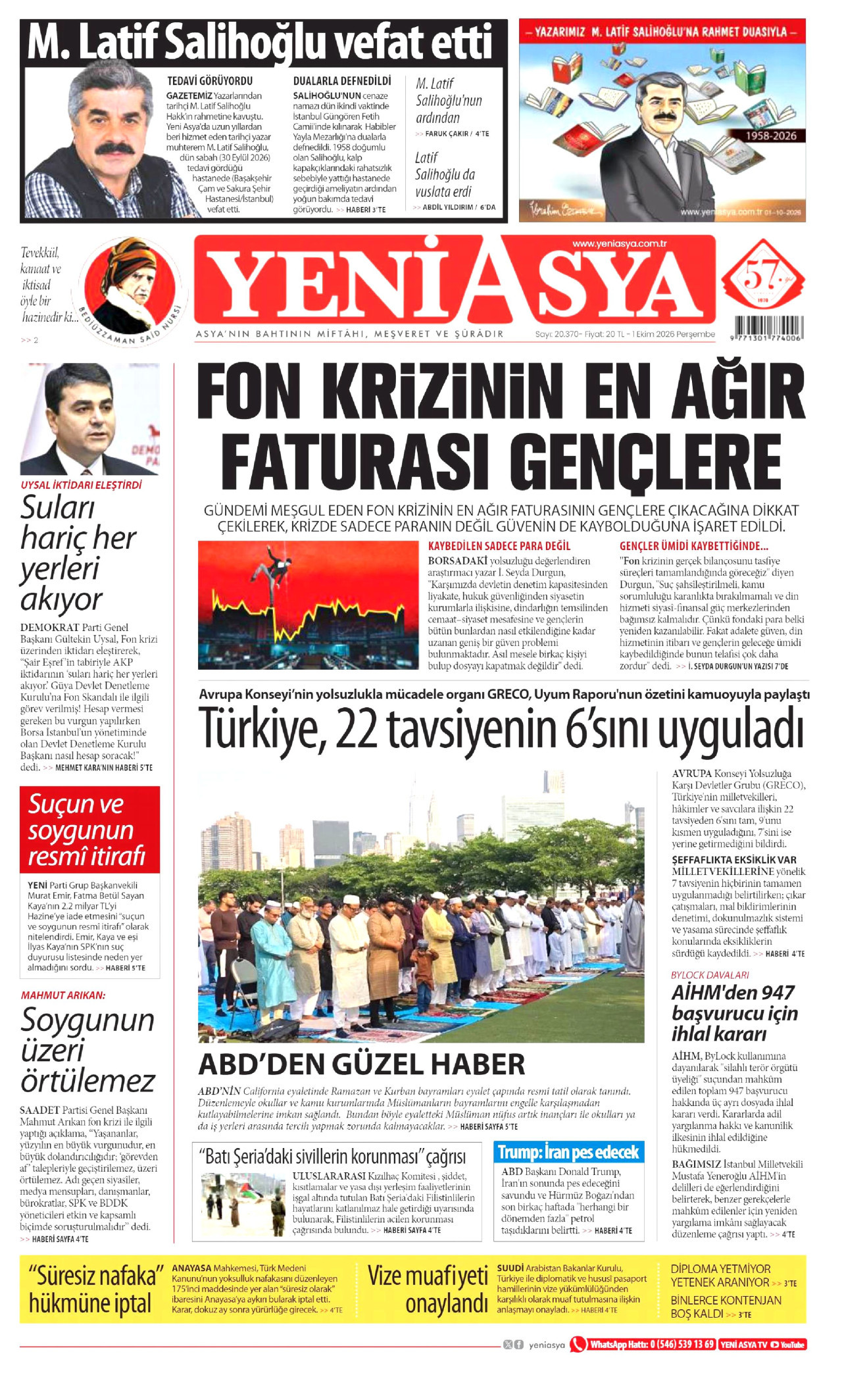 YENİ ASYA gazetesinin 1 Ekim 2026 tarihli birinci sayfası