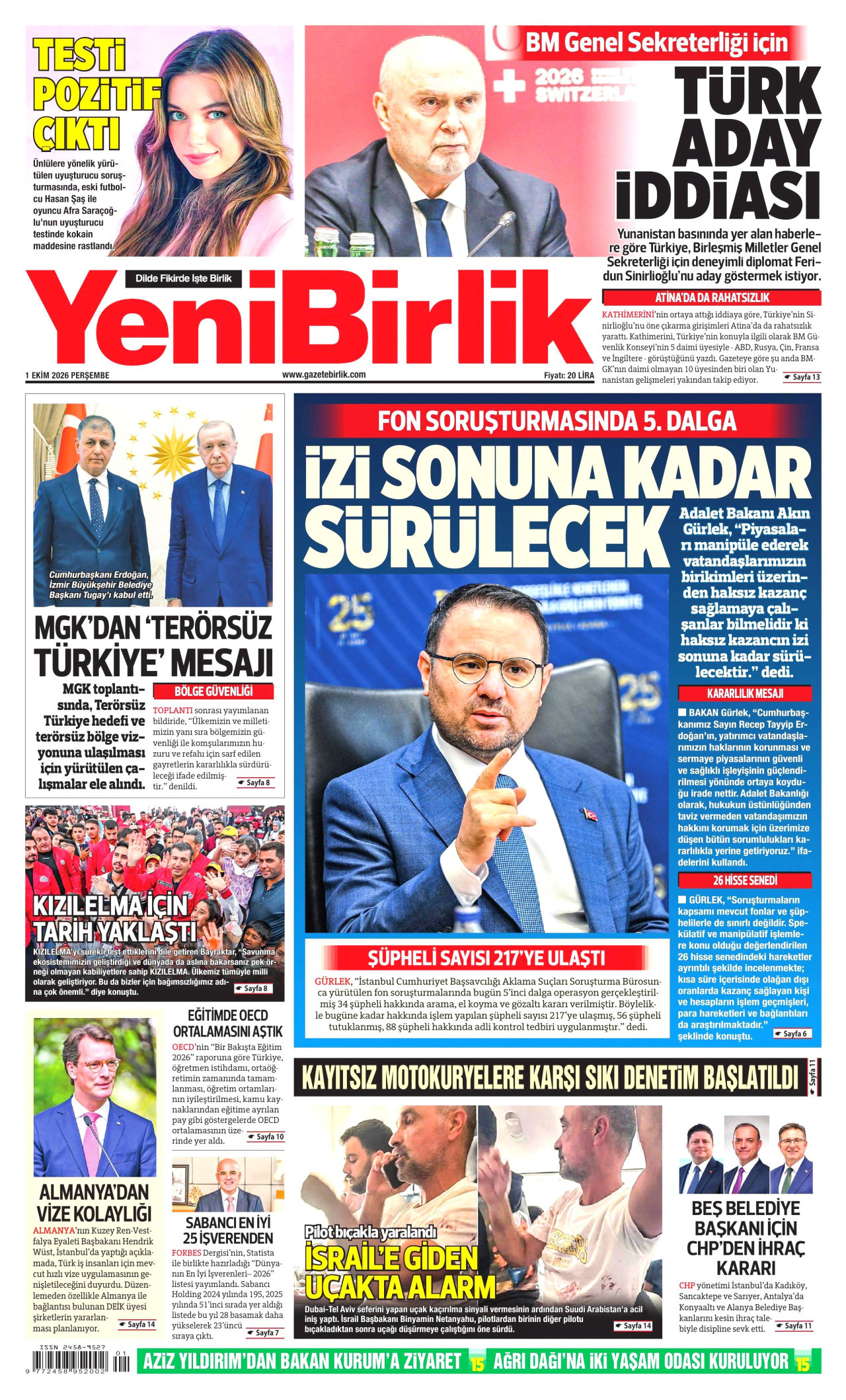 YENİBİRLİK gazetesinin 1 Ekim 2026 tarihli birinci sayfası