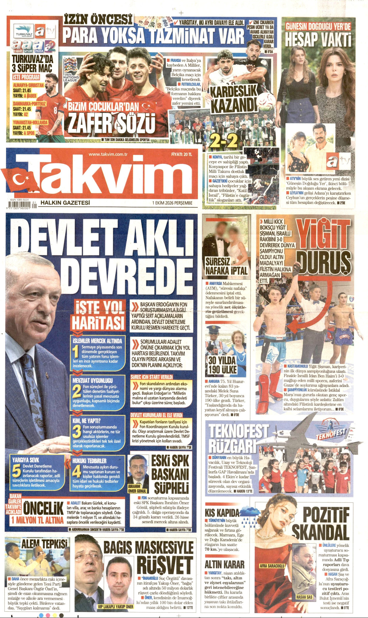 TAKVİM gazetesinin 1 Ekim 2026 tarihli birinci sayfası