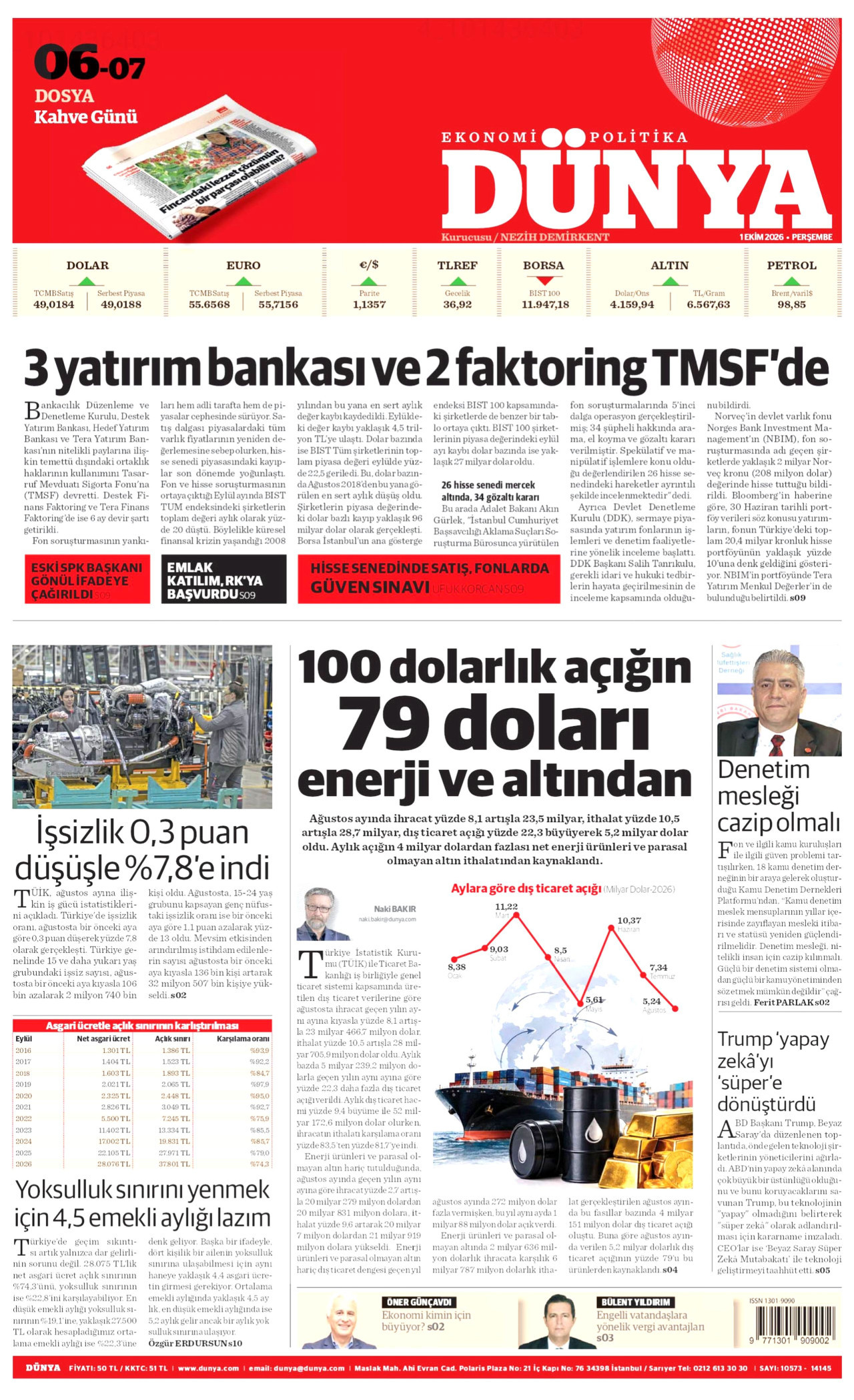 DÜNYA gazetesinin 1 Ekim 2026 tarihli birinci sayfası