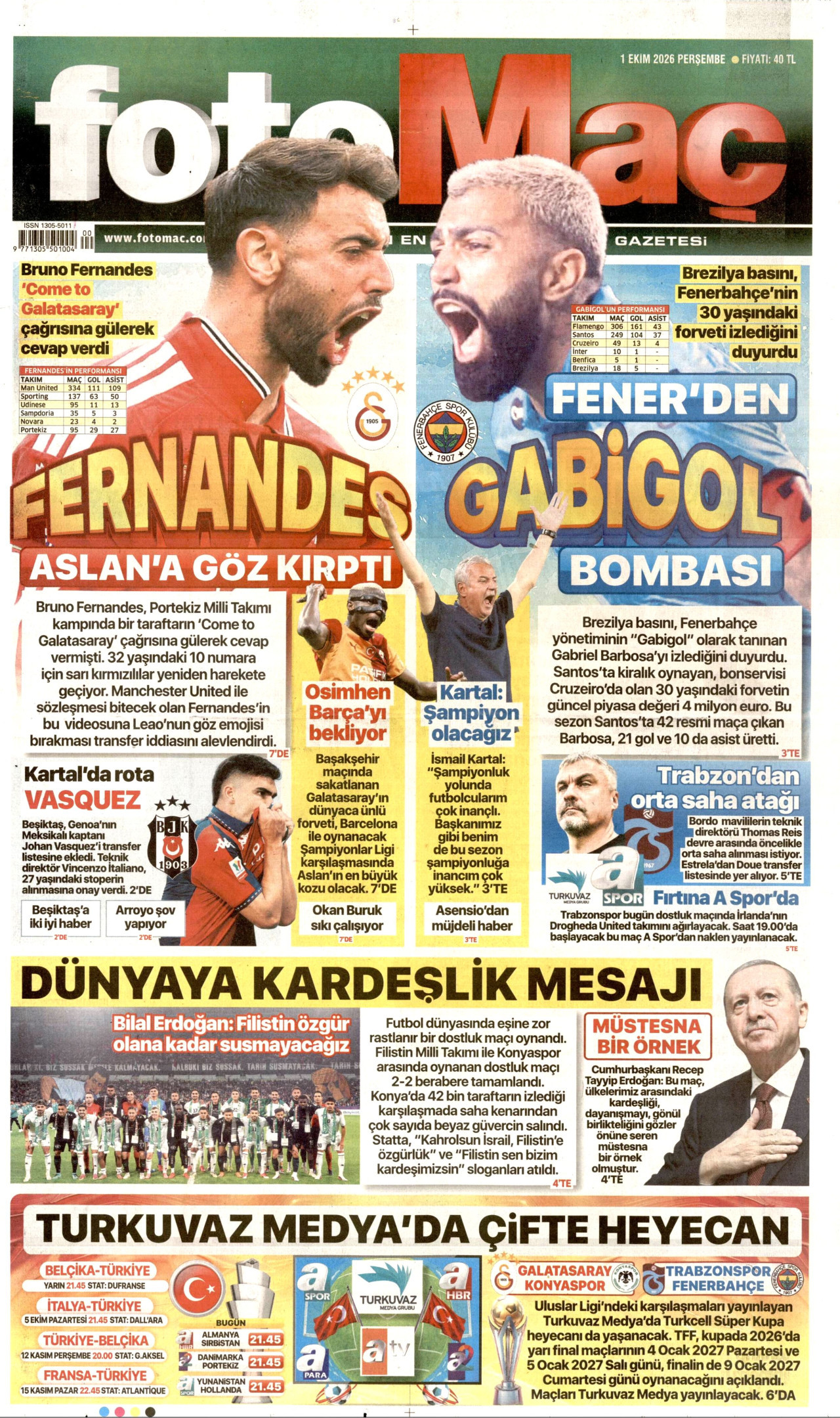 FOTOMAÇ gazetesinin 1 Ekim 2026 tarihli birinci sayfası