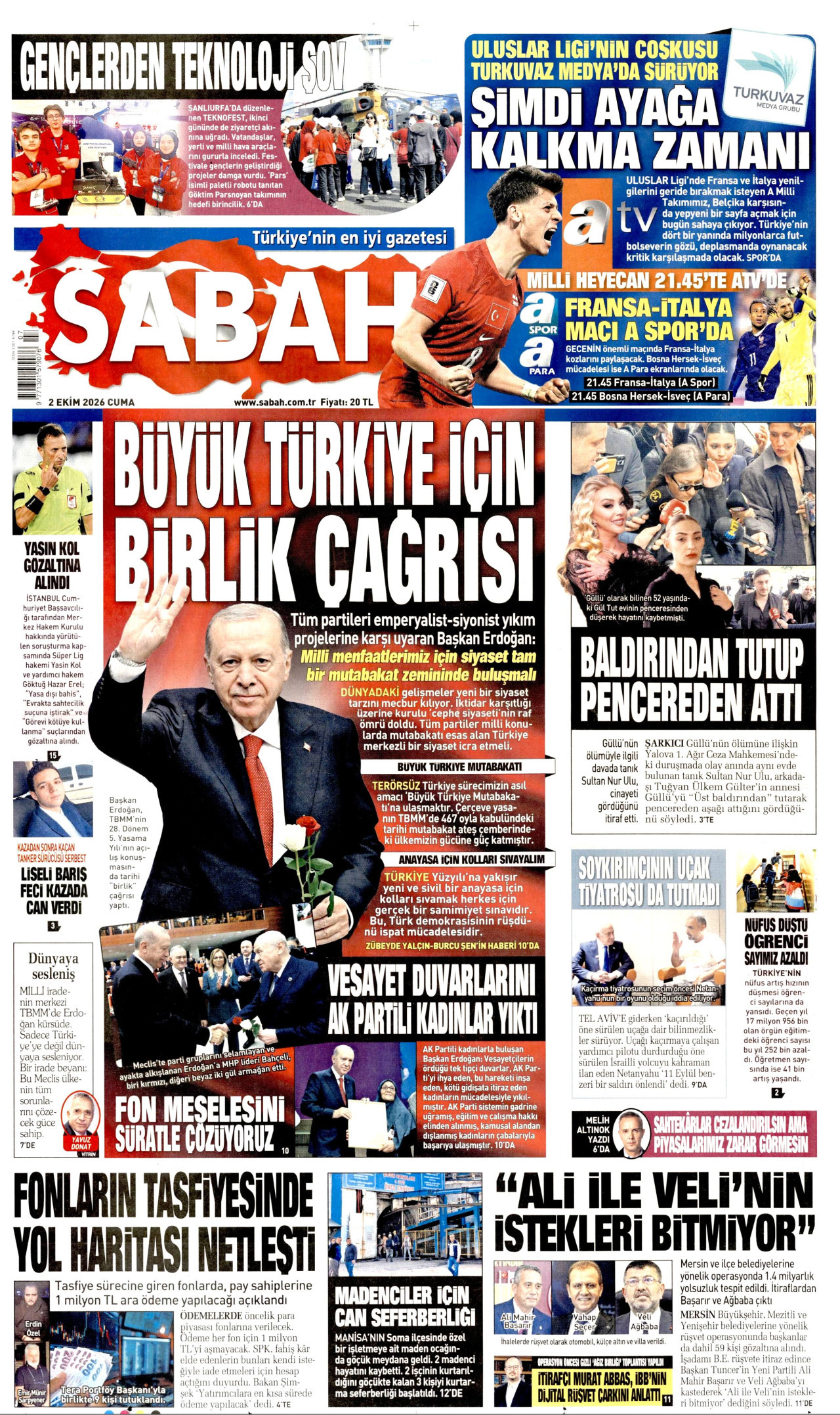 SABAH gazetesinin 2 Ekim 2026 tarihli birinci sayfası