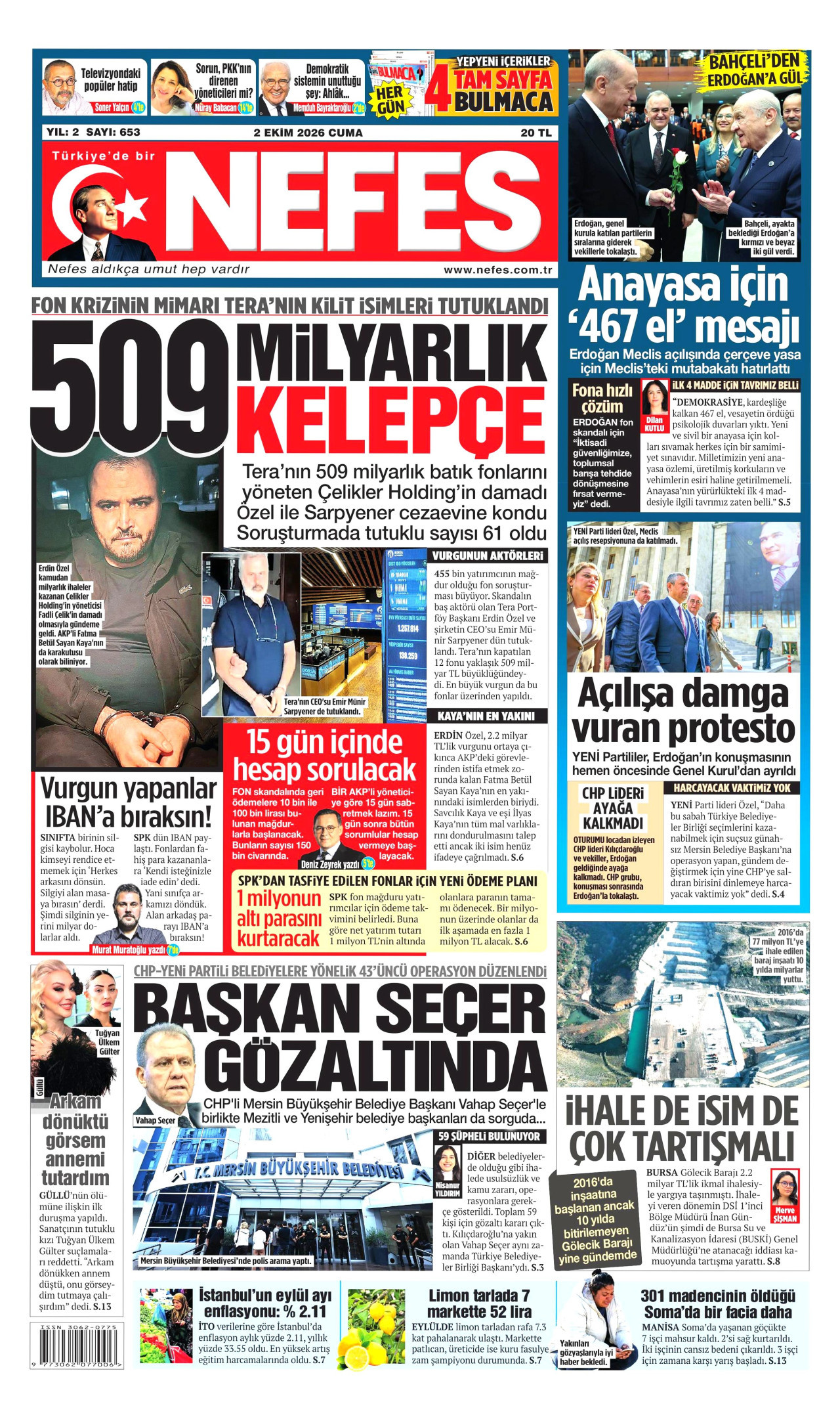 NEFES gazetesinin 2 Ekim 2026 tarihli birinci sayfası