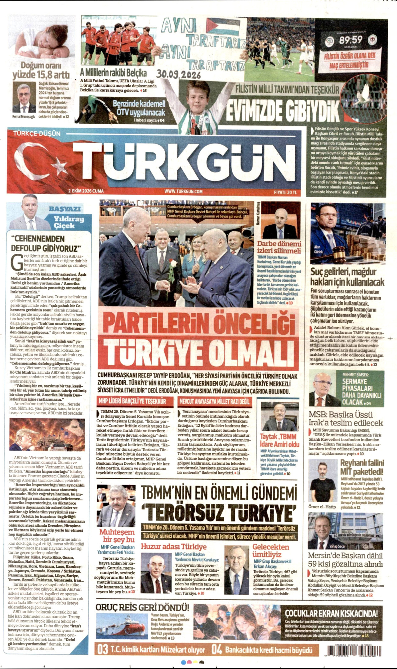 TÜRKGÜN gazetesinin 2 Ekim 2026 tarihli birinci sayfası