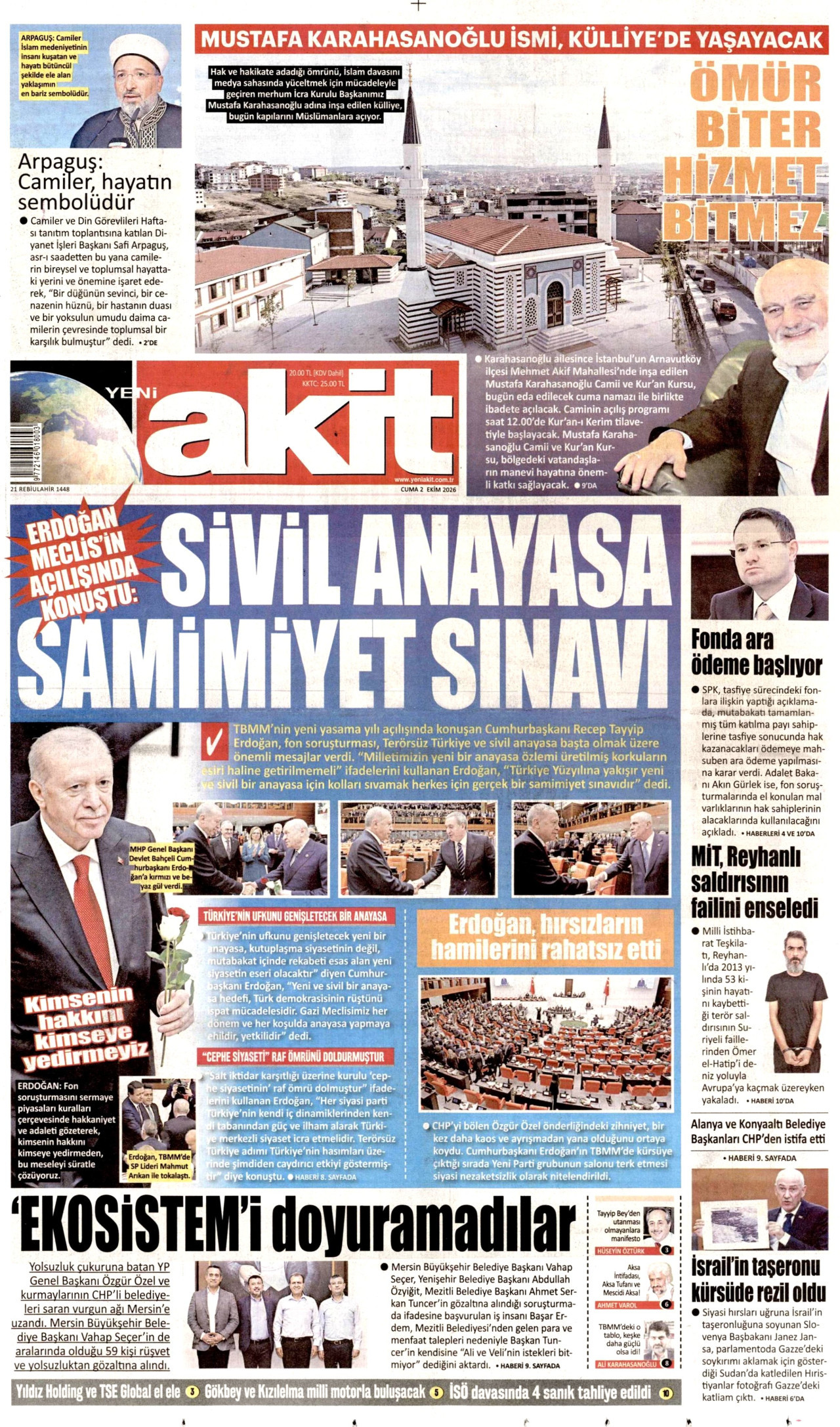 YENİ AKİT gazetesinin 2 Ekim 2026 tarihli birinci sayfası