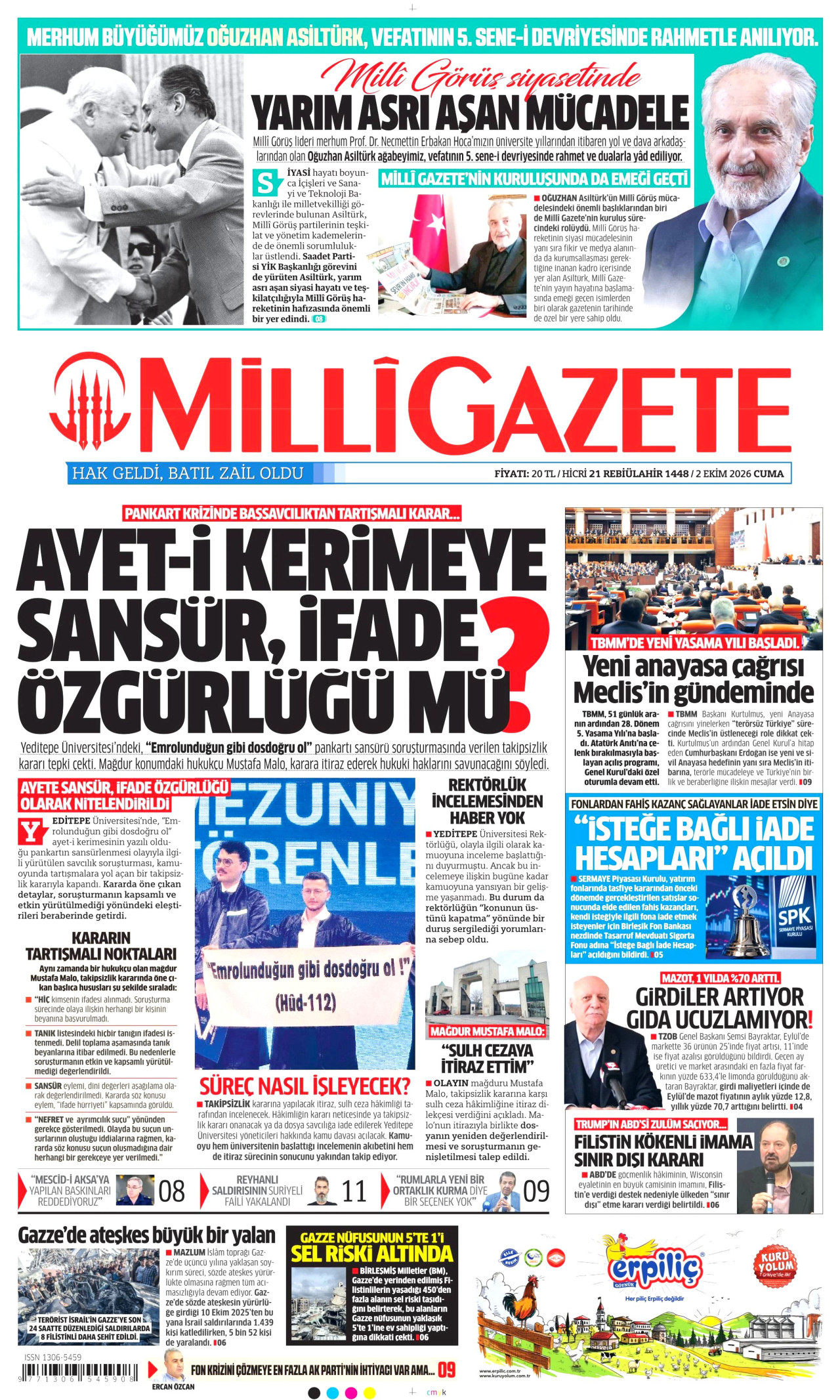 MİLLİ GAZETE gazetesinin 2 Ekim 2026 tarihli birinci sayfası