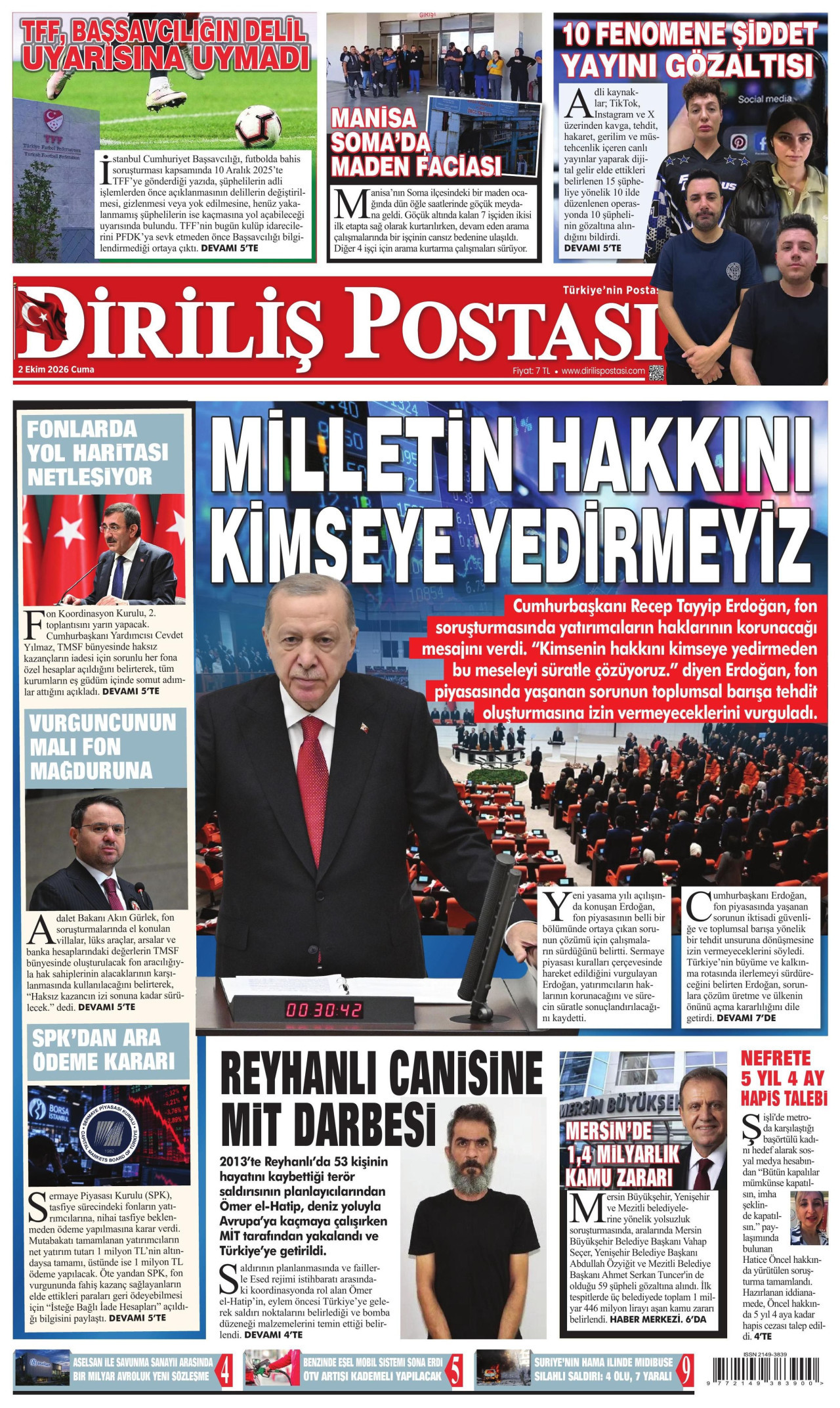 DİRİLİŞ POSTASI gazetesinin 2 Ekim 2026 tarihli birinci sayfası
