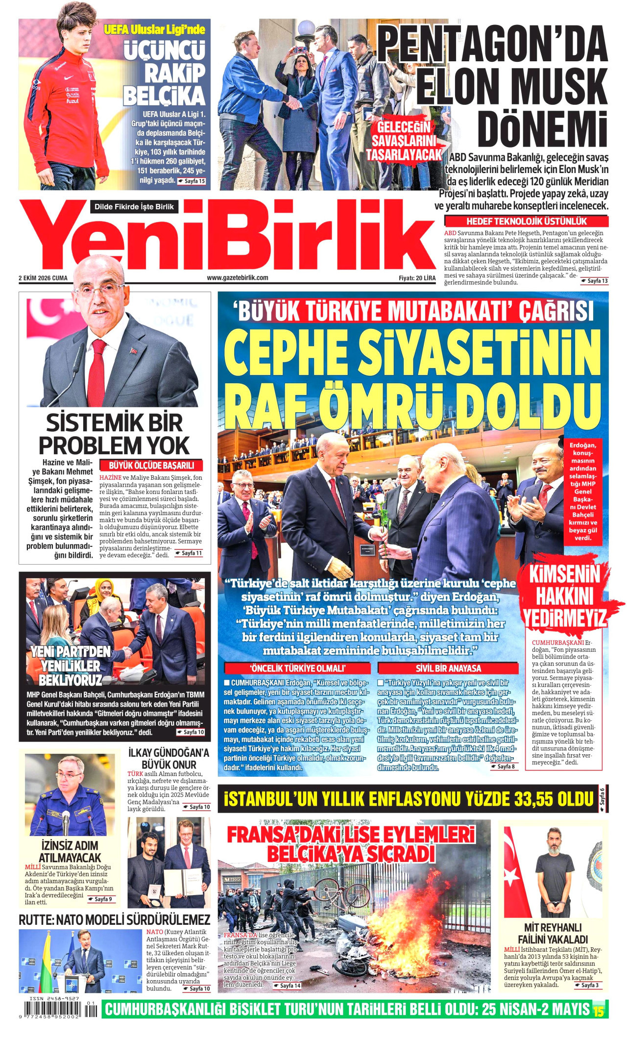 YENİBİRLİK gazetesinin 2 Ekim 2026 tarihli birinci sayfası
