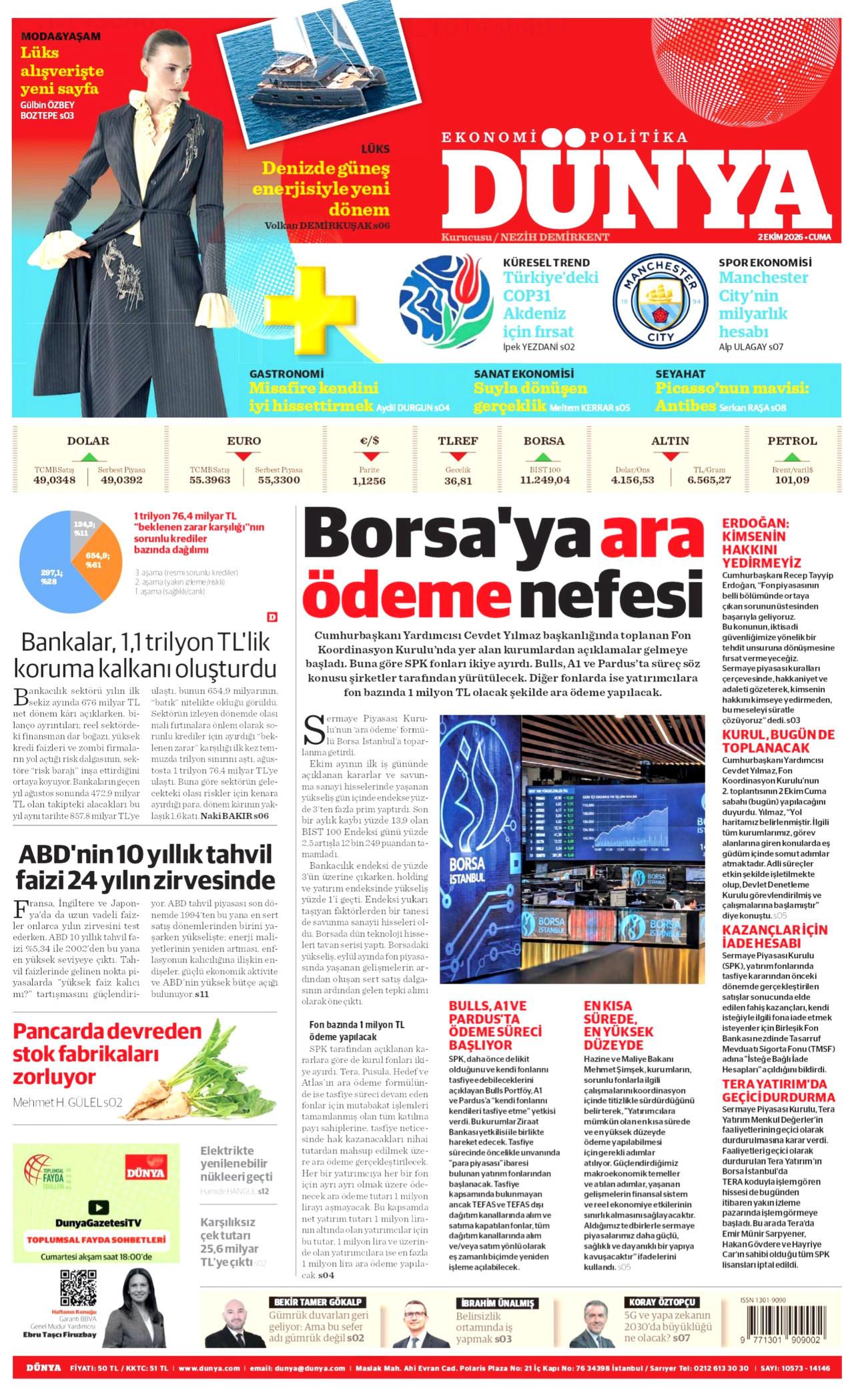 DÜNYA gazetesinin 2 Ekim 2026 tarihli birinci sayfası