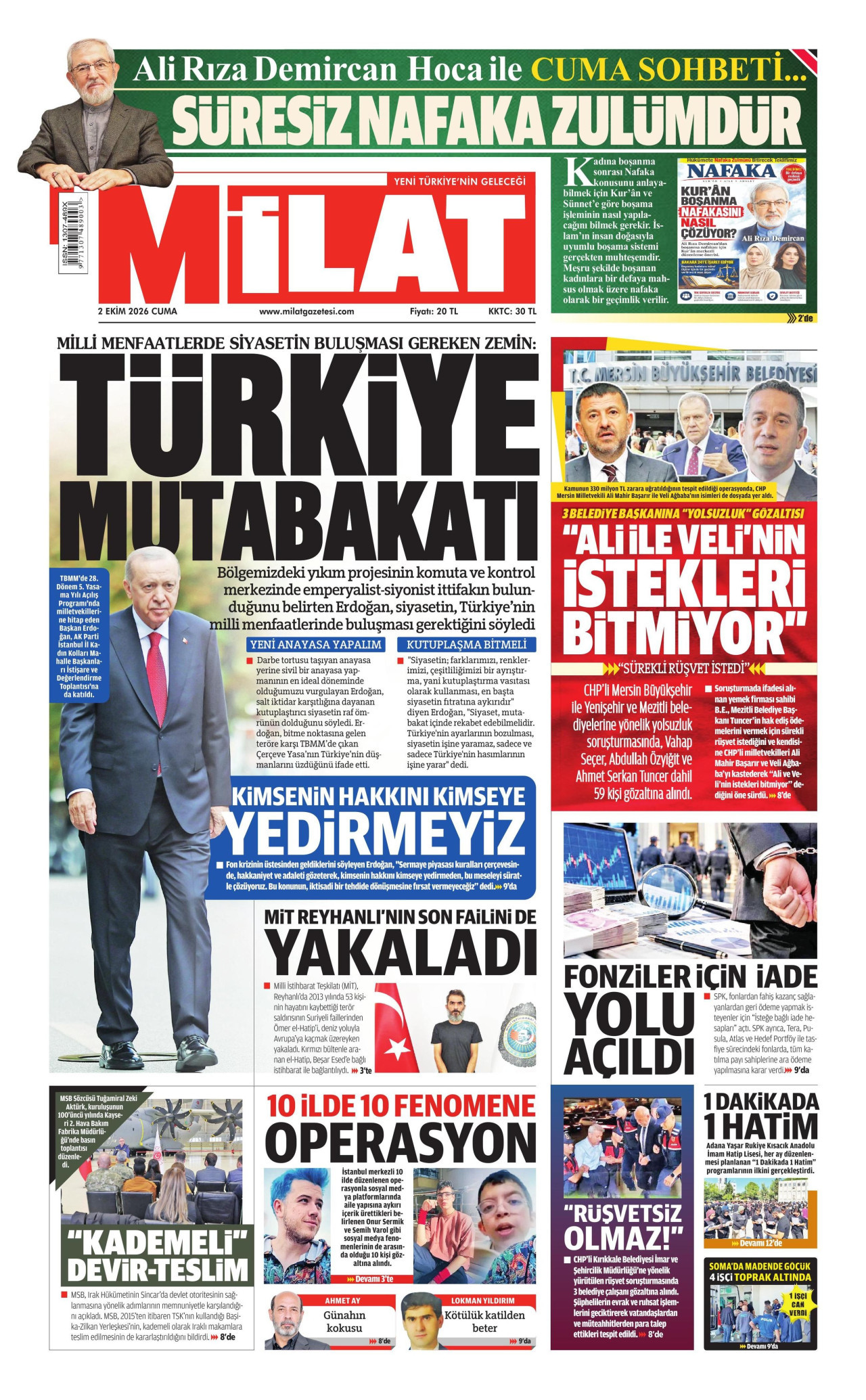 MİLAT gazetesinin 2 Ekim 2026 tarihli birinci sayfası