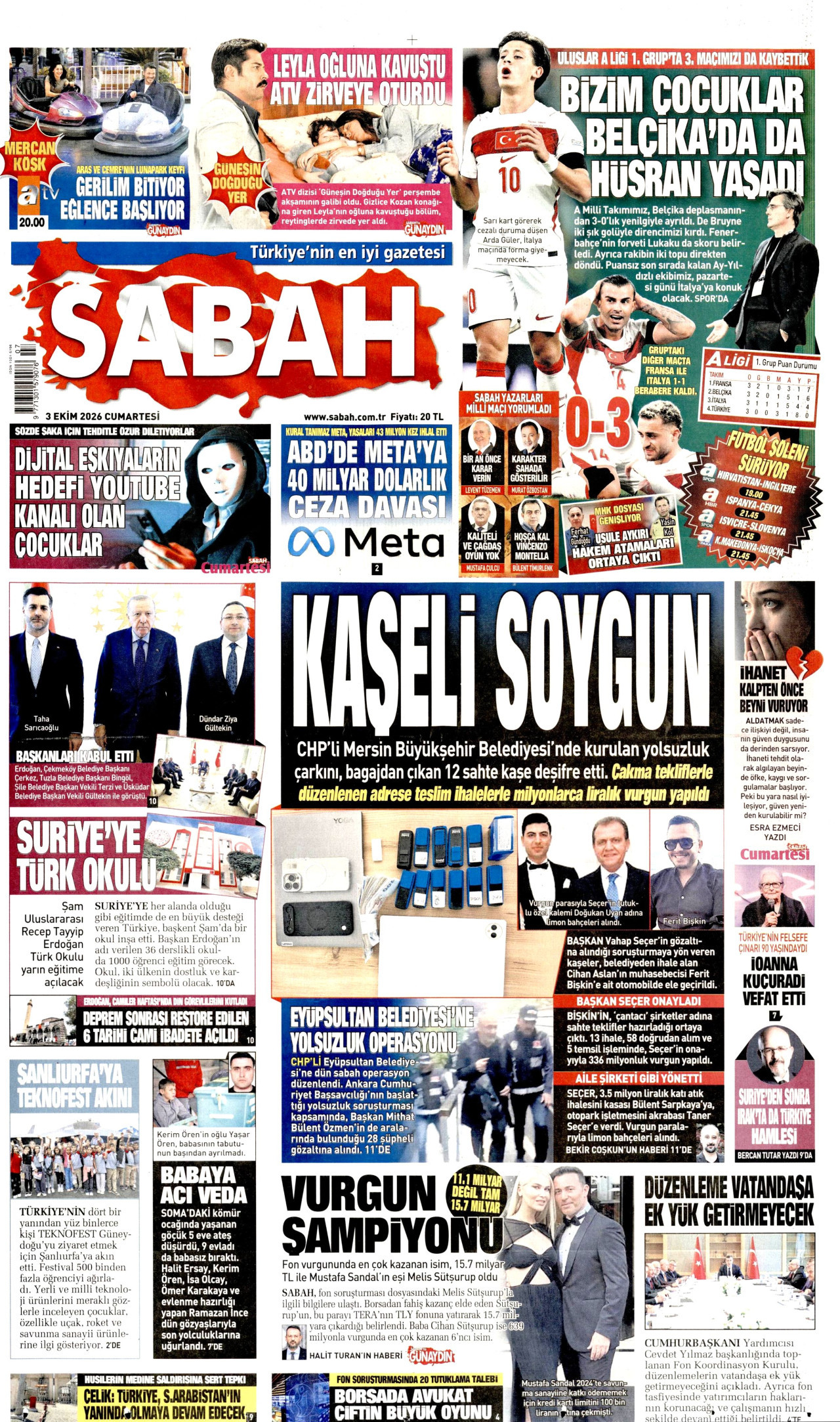 SABAH gazetesinin 3 Ekim 2026 tarihli birinci sayfası
