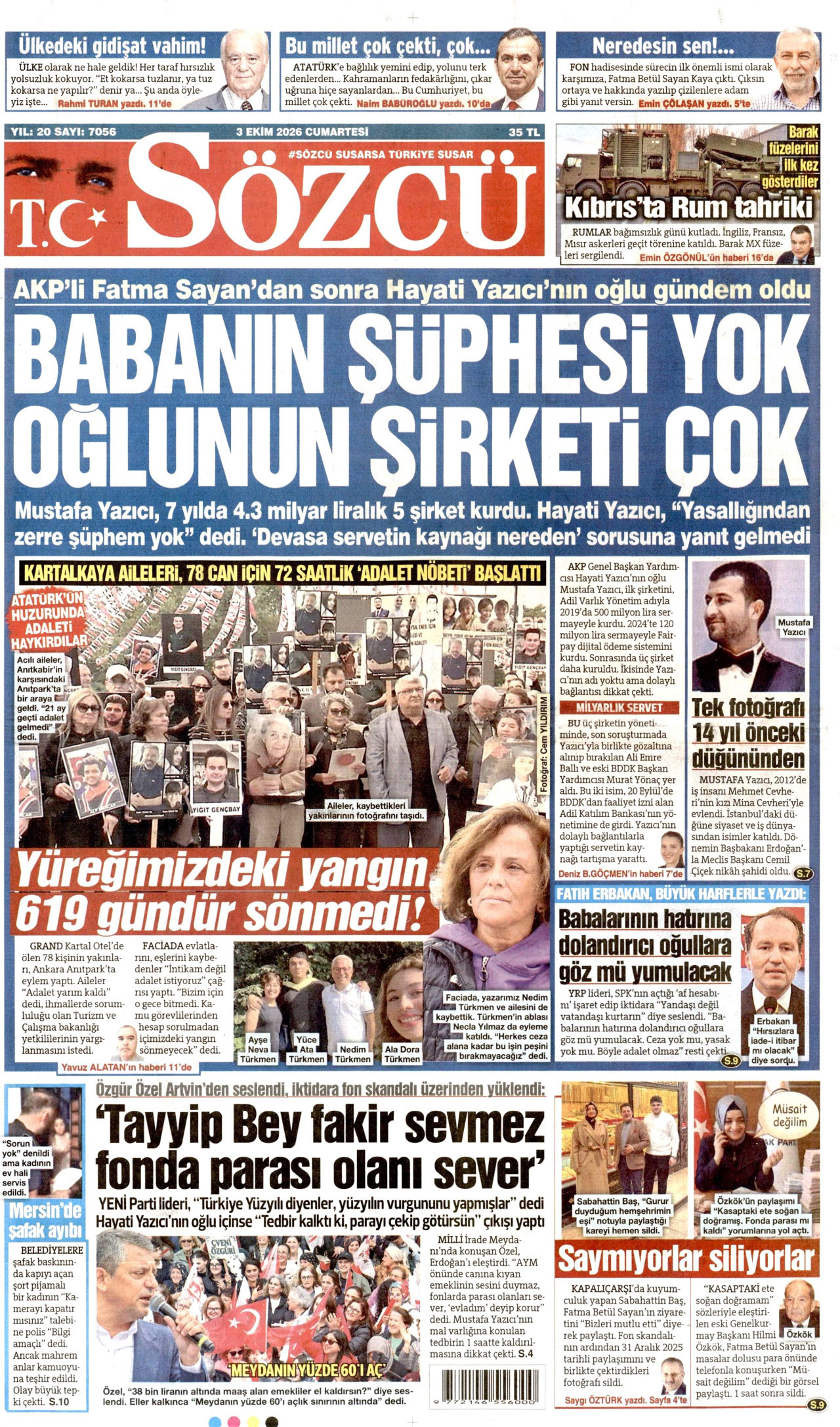 SÖZCÜ gazetesinin 3 Ekim 2026 tarihli birinci sayfası