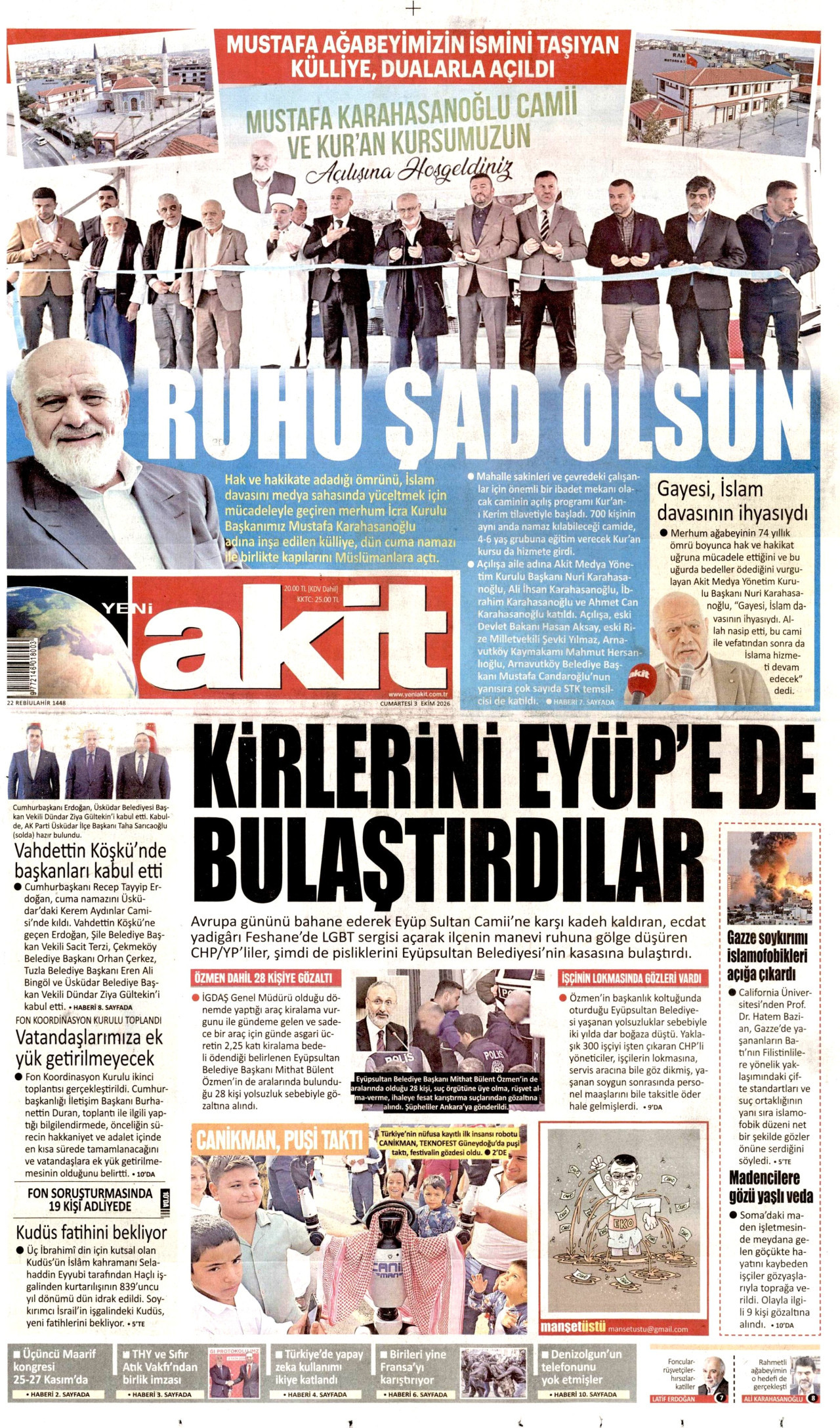 YENİ AKİT gazetesinin 3 Ekim 2026 tarihli birinci sayfası