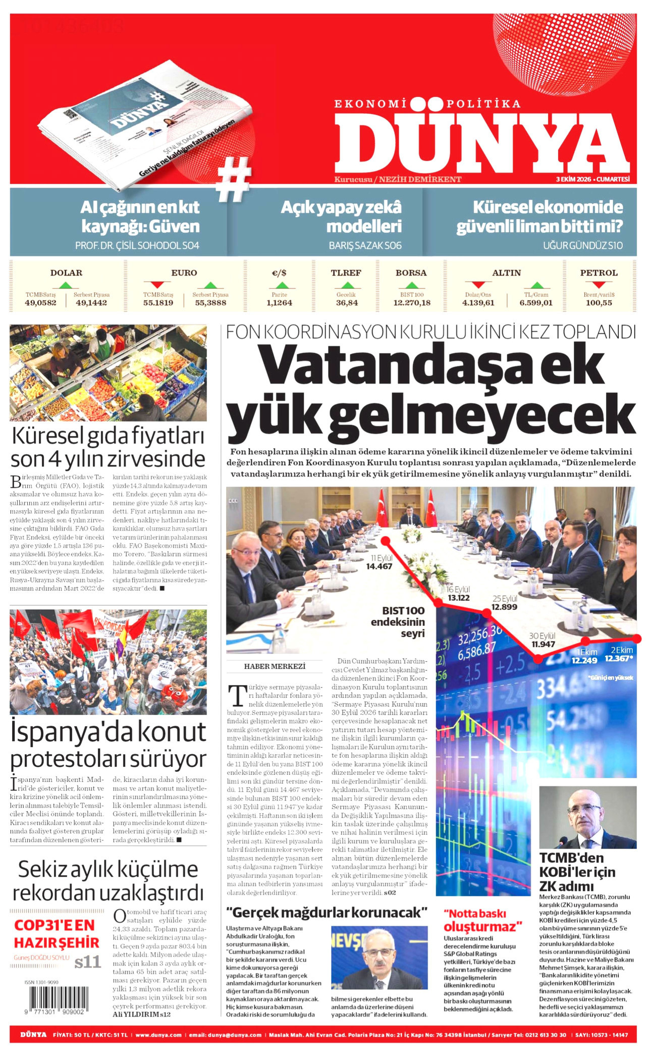 DÜNYA gazetesinin 3 Ekim 2026 tarihli birinci sayfası