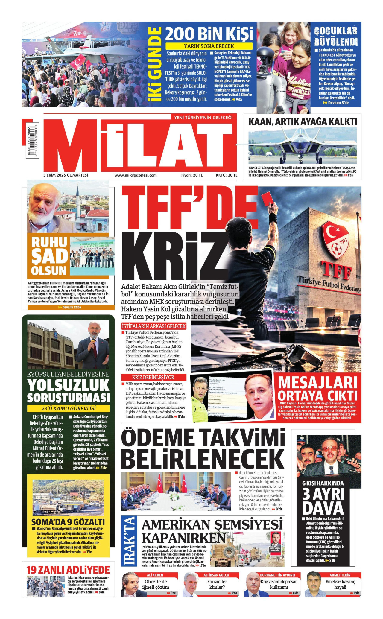 MİLAT gazetesinin 3 Ekim 2026 tarihli birinci sayfası