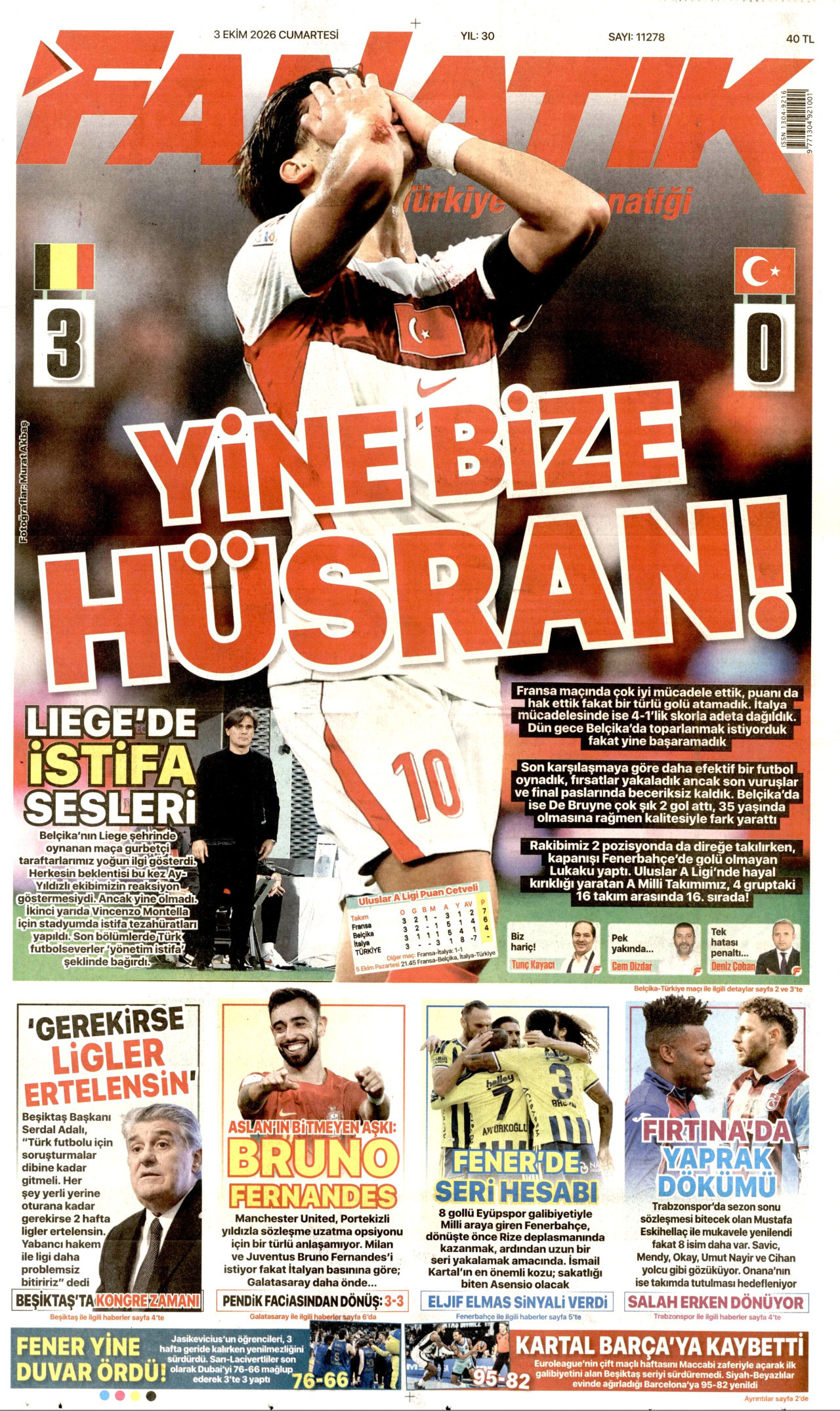FANATİK gazetesinin 3 Ekim 2026 tarihli birinci sayfası