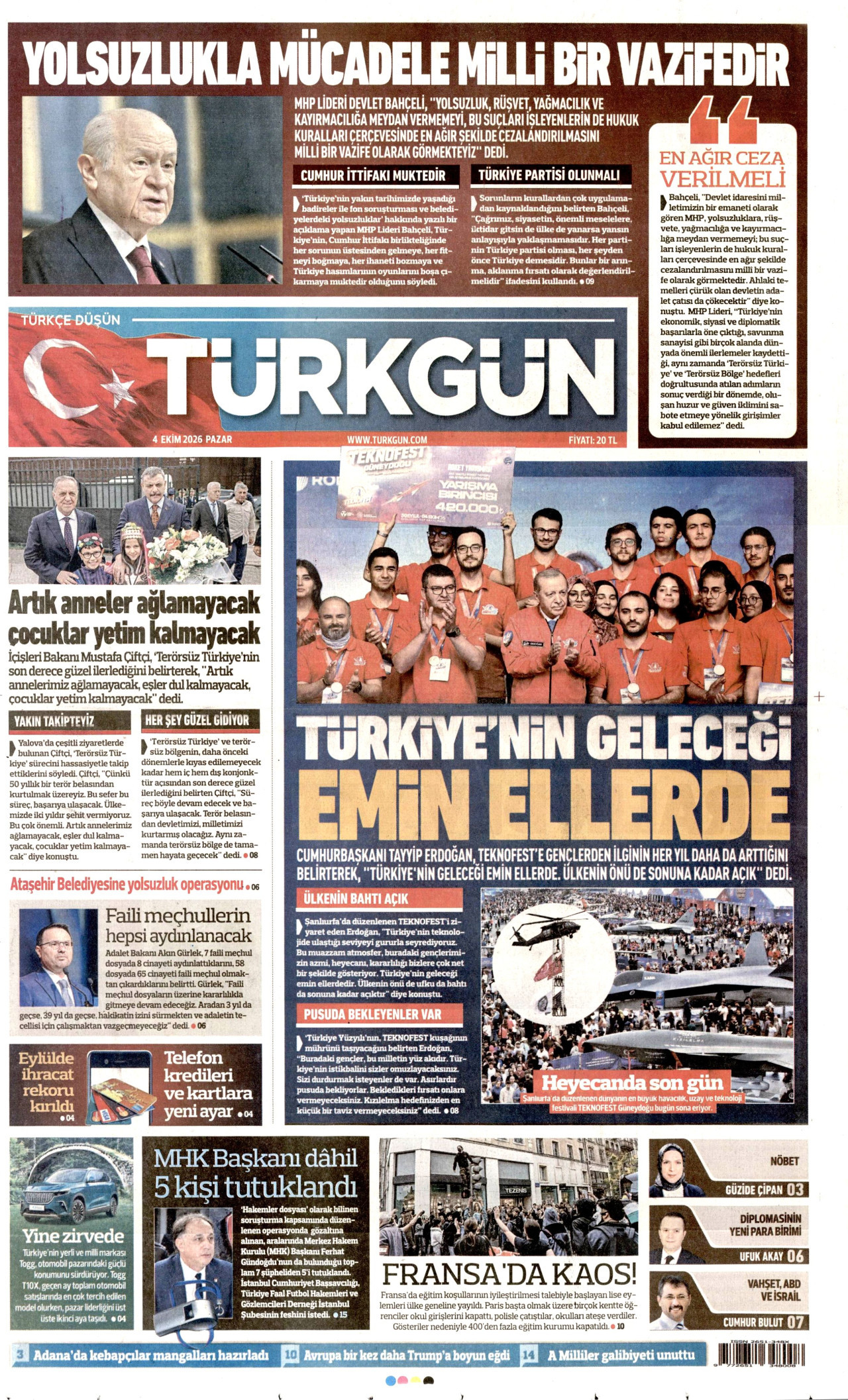 TÜRKGÜN gazetesinin 4 Ekim 2026 tarihli birinci sayfası