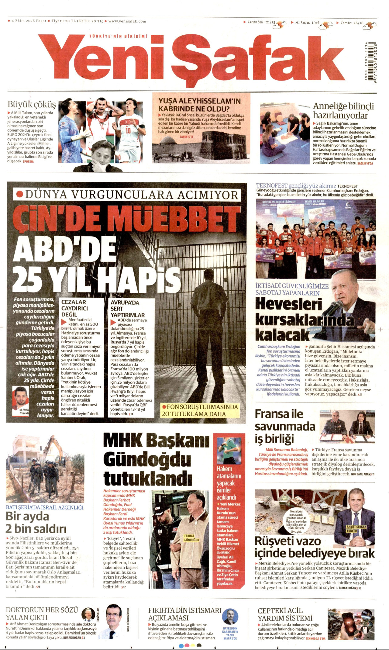 YENİ ŞAFAK gazetesinin 4 Ekim 2026 tarihli birinci sayfası