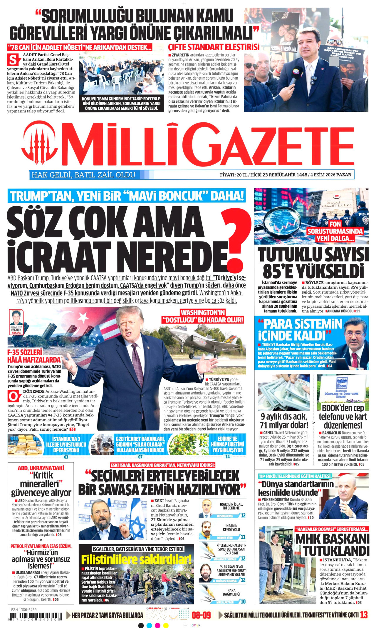 MİLLİ GAZETE gazetesinin 4 Ekim 2026 tarihli birinci sayfası