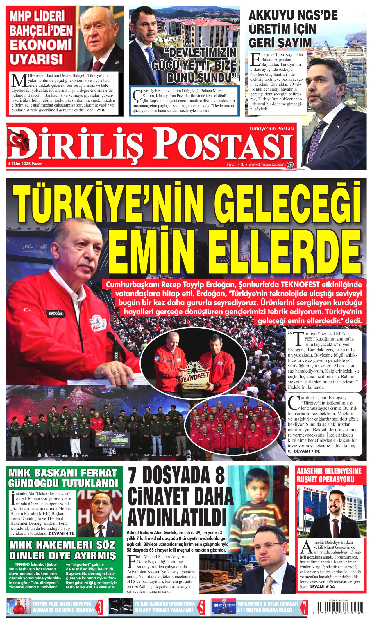 DİRİLİŞ POSTASI gazetesinin 4 Ekim 2026 tarihli birinci sayfası
