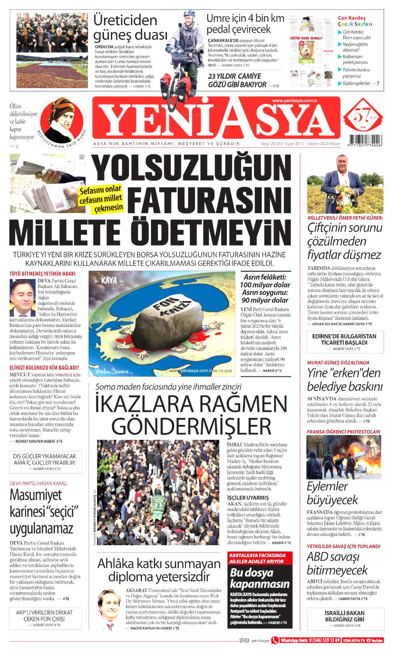 YENİ ASYA gazetesinin 4 Ekim 2026 tarihli birinci sayfası