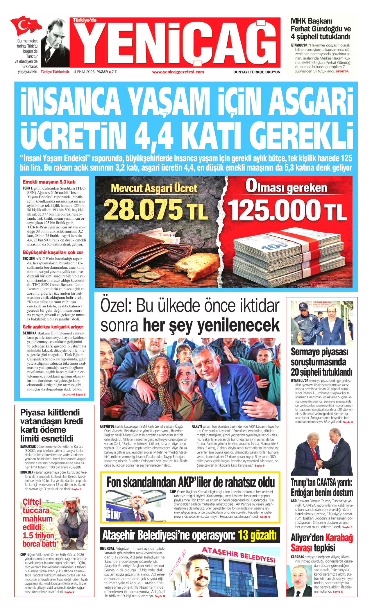 YENİÇAĞ gazetesinin 4 Ekim 2026 tarihli birinci sayfası